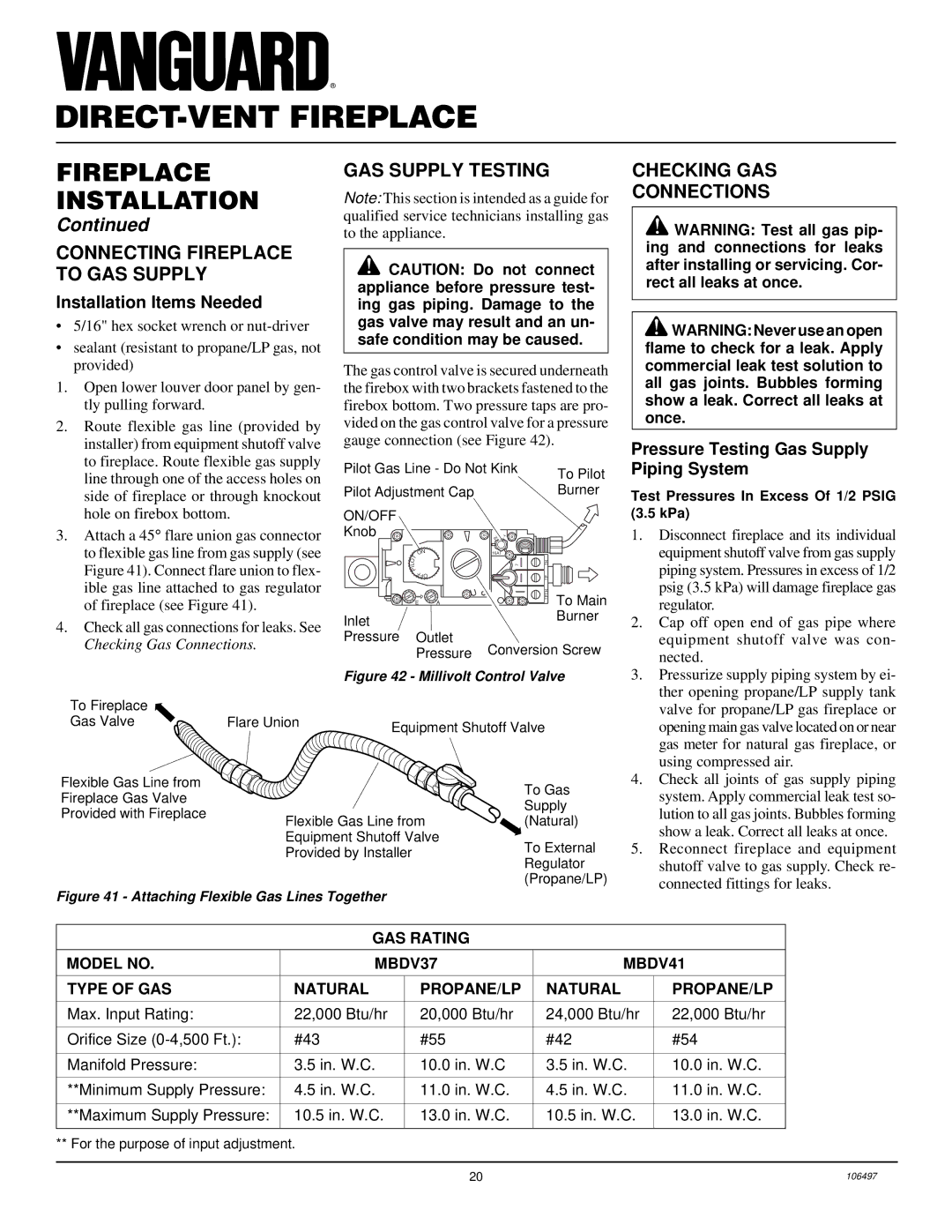 Vanguard Managed Solutions MBDV37, MBDV41 Connecting Fireplace to GAS Supply, GAS Supply Testing, Checking GAS Connections 