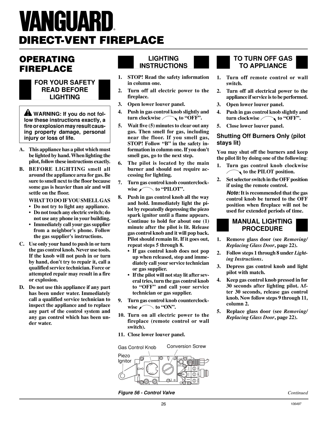 Vanguard Managed Solutions MBDV37, MBDV41 Operating Fireplace, Lighting To Turn OFF GAS, Manual Lighting Procedure 