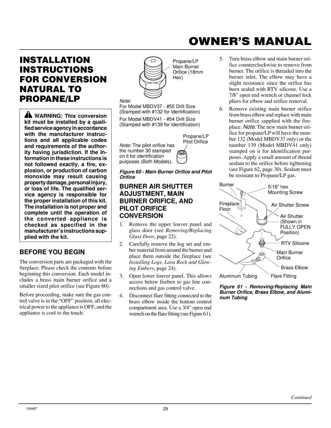 Vanguard Managed Solutions MBDV41, MBDV37 installation manual Before YOU Begin, Main Burner Orifice and Pilot Orifice 