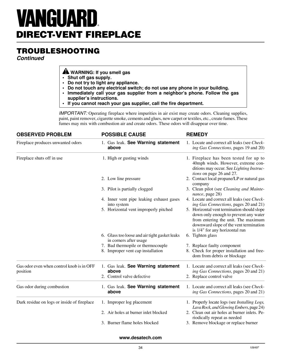 Vanguard Managed Solutions MBDV37, MBDV41 installation manual Gas leak. See Warning statement, Above 