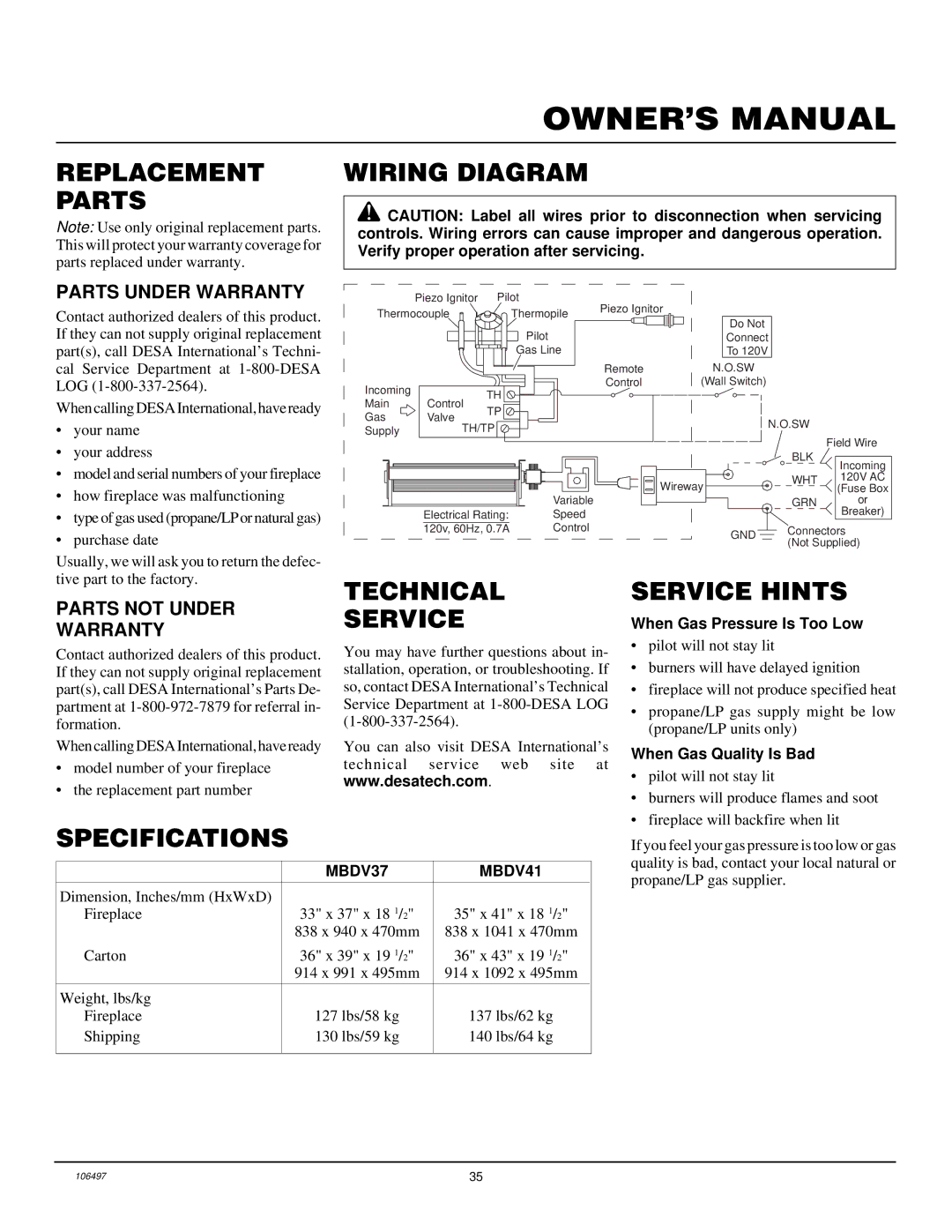 Vanguard Managed Solutions MBDV41 Replacement Parts Wiring Diagram, Technical Service, Service Hints, Specifications 