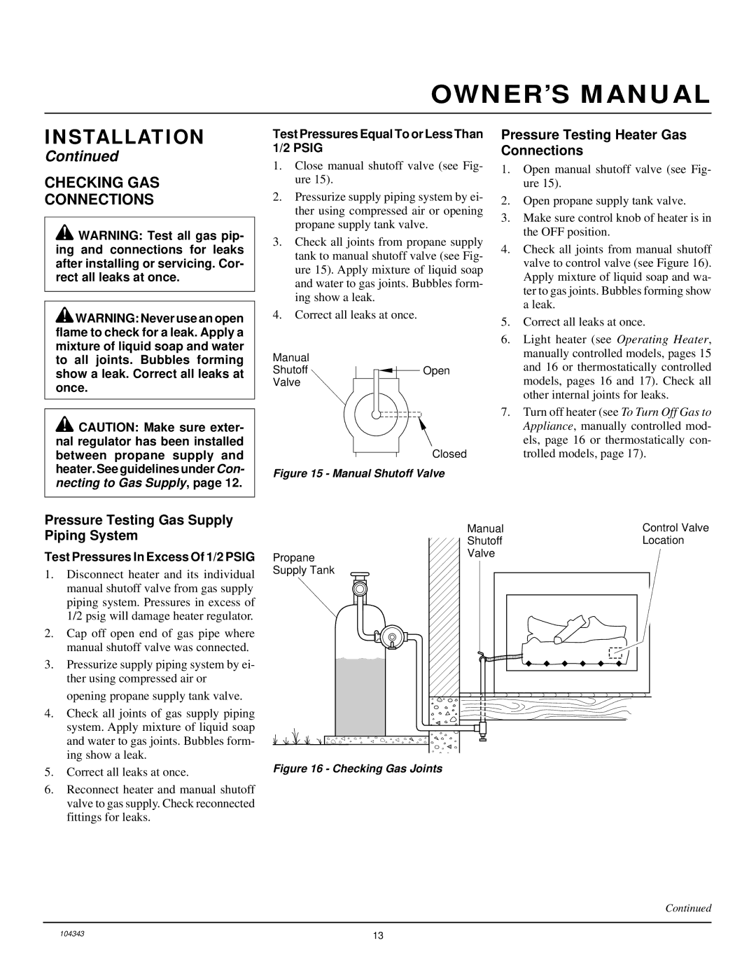 Vanguard Managed Solutions PRVYS18PWA installation manual Checking GAS Connections, Pressure Testing Heater Gas Connections 