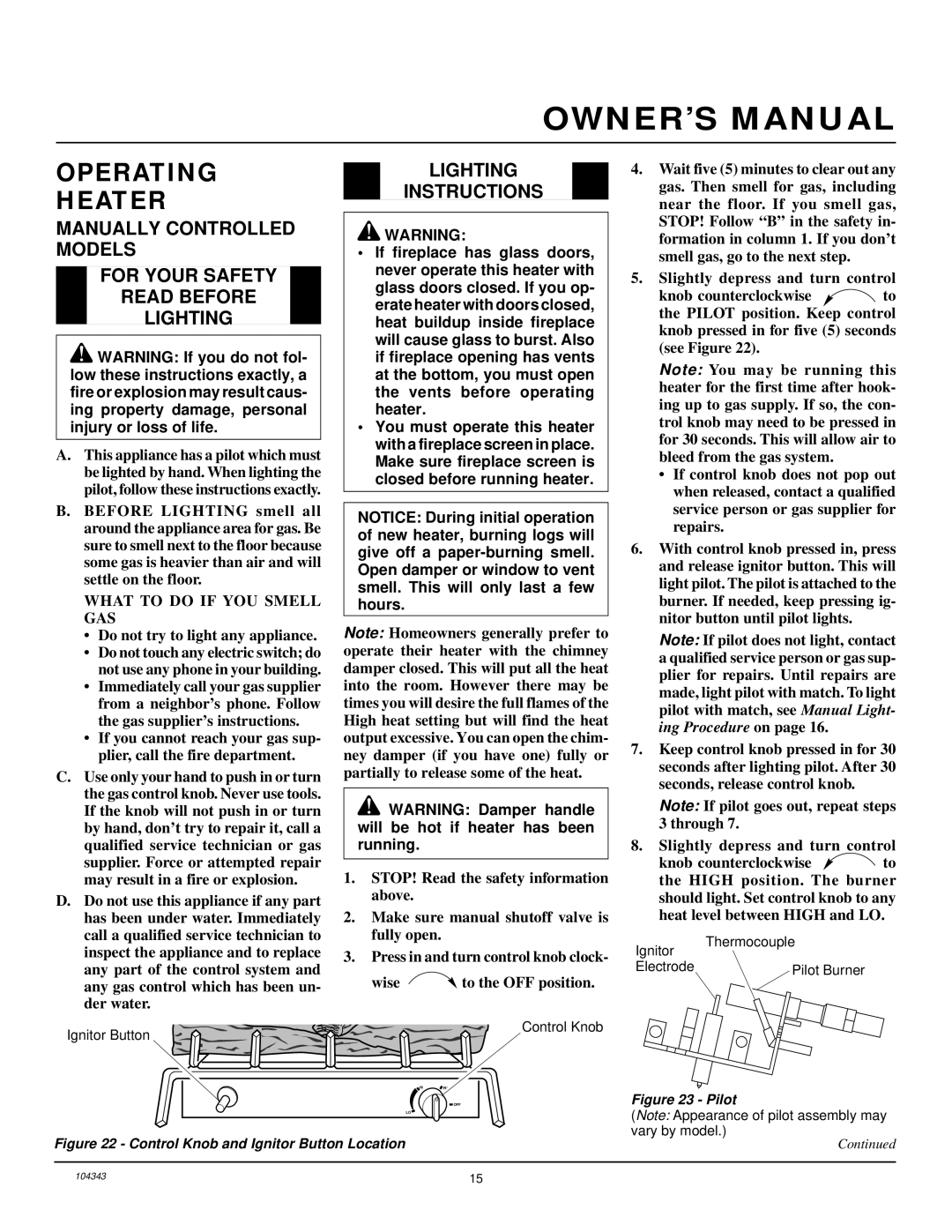 Vanguard Managed Solutions PRVYS18PWA installation manual Operating Heater, Lighting Instructions 