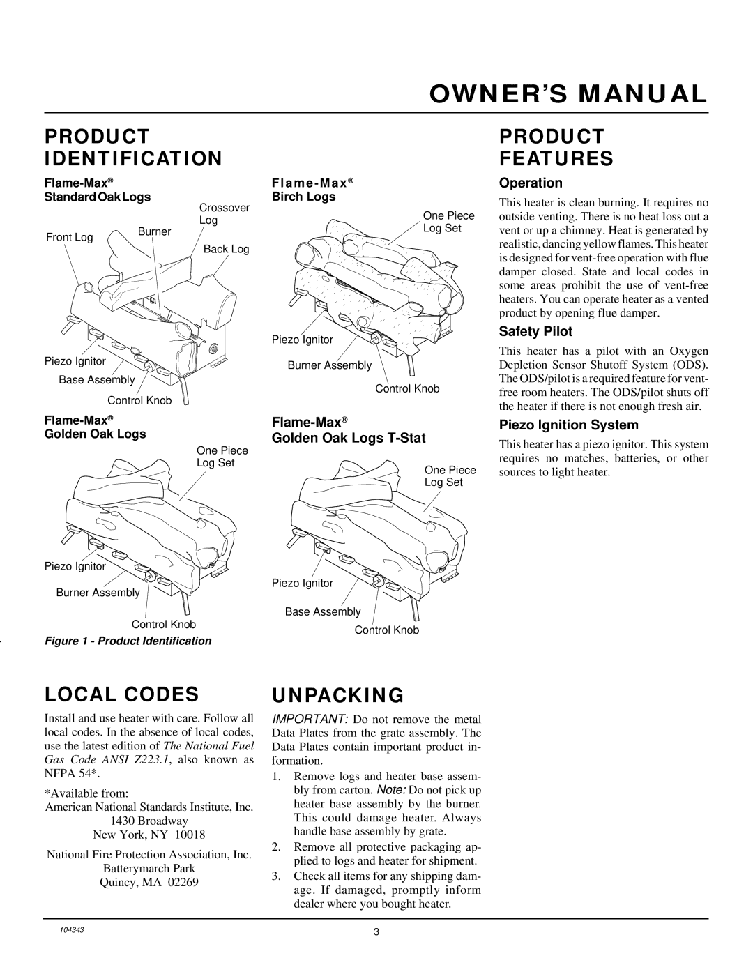 Vanguard Managed Solutions PRVYS18PWA installation manual Product Identification, Product Features, Local Codes, Unpacking 