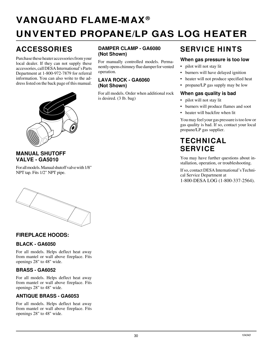 Vanguard Managed Solutions PRVYS18PWA Accessories, Service Hints, Technical Service, Manual Shutoff, Fireplace Hoods 