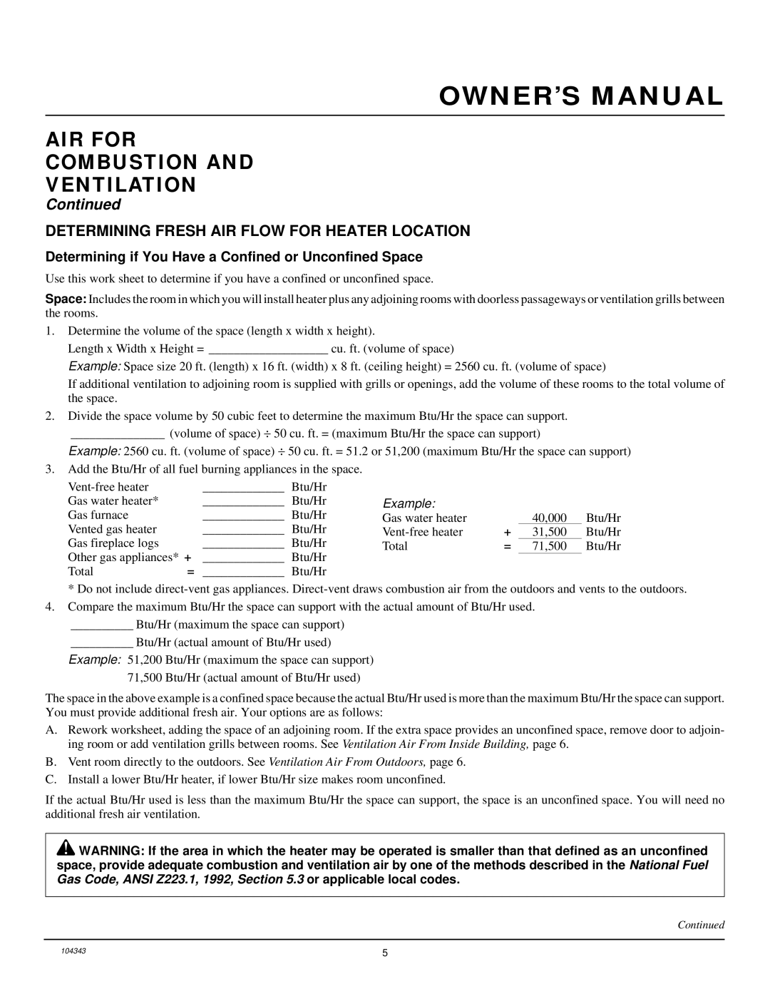 Vanguard Managed Solutions PRVYS18PWA AIR for Combustion Ventilation, Determining Fresh AIR Flow for Heater Location 