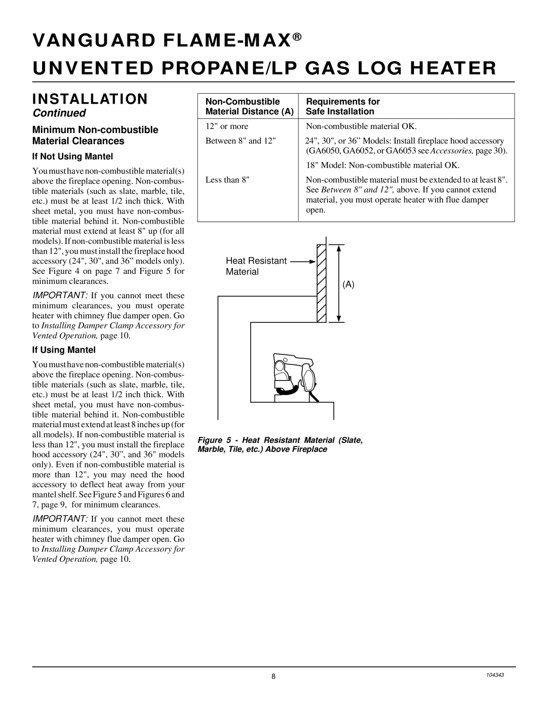 Vanguard Managed Solutions PRVYS18PWA Minimum Non-combustible Material Clearances, If Not Using Mantel, If Using Mantel 