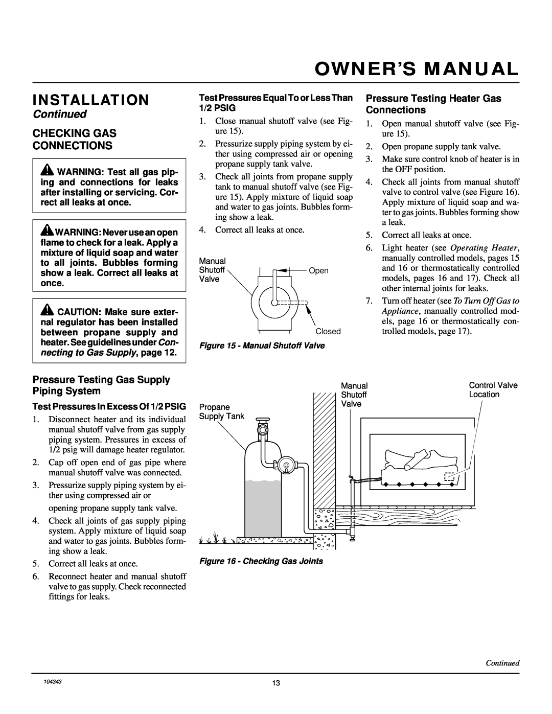 Vanguard Managed Solutions PRVYS18PWA Checking Gas Connections, Pressure Testing Heater Gas Connections, Owner’S Manual 