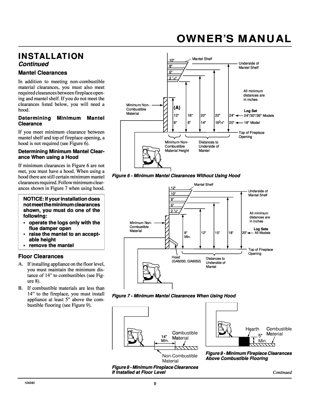 Vanguard Managed Solutions PRVYS18PWA installation manual Mantel Clearances, Floor Clearances, Installation, Continued 
