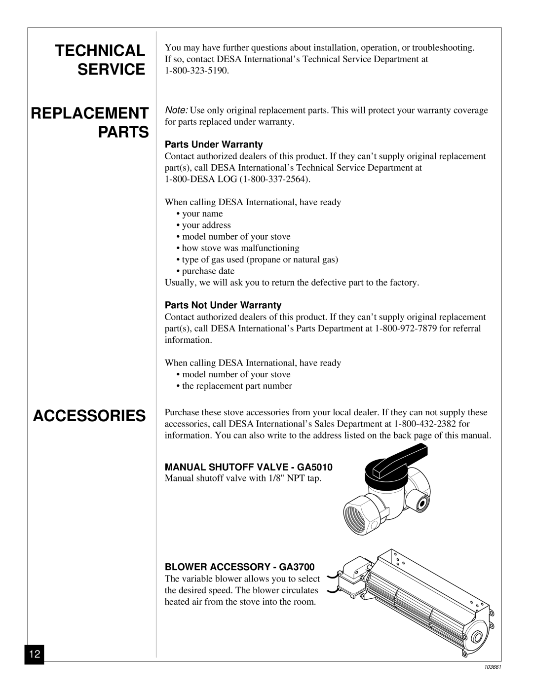 Vanguard Managed Solutions SVFBC Technical Service, Accessories, Parts Under Warranty, Parts Not Under Warranty 