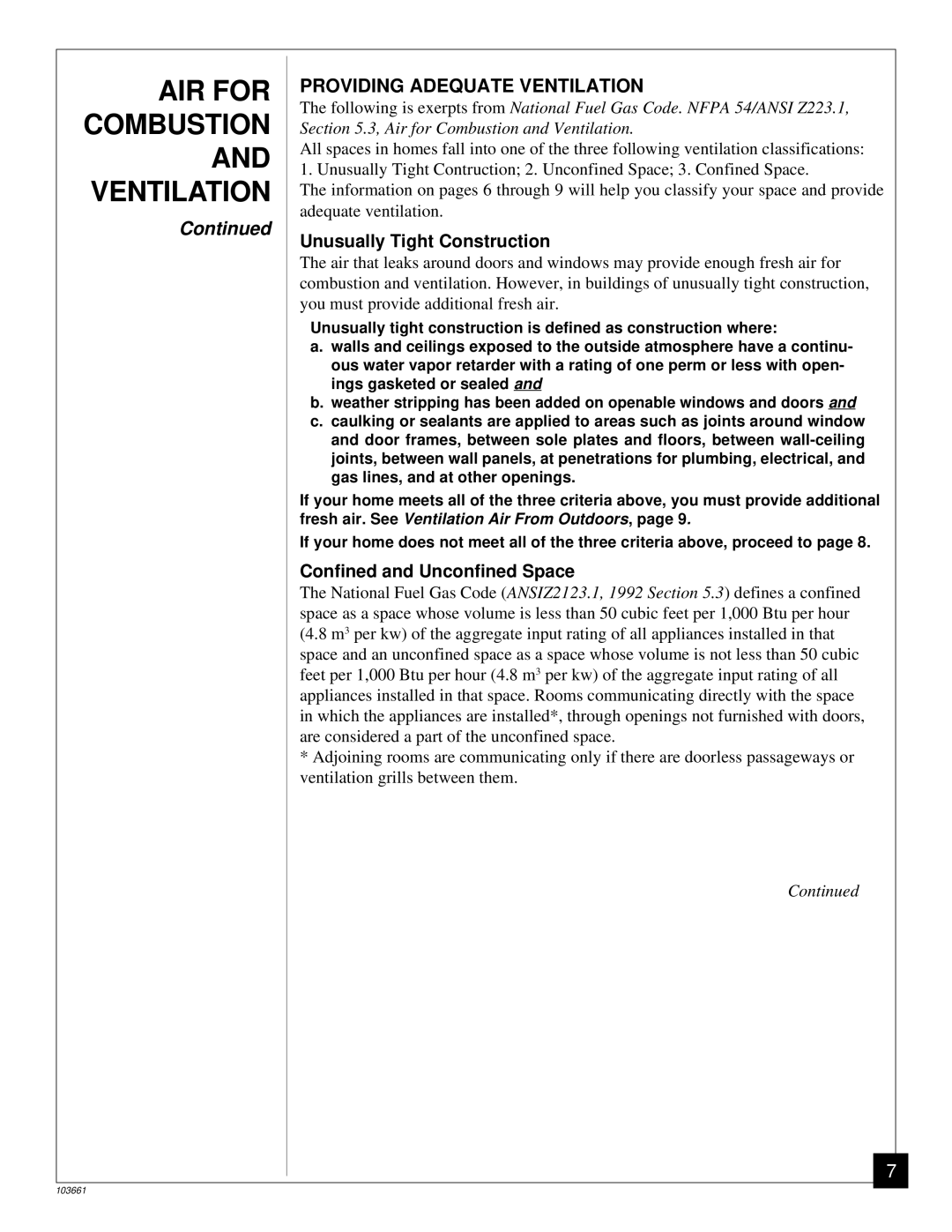 Vanguard Managed Solutions SVFBC installation manual Providing Adequate Ventilation, Unusually Tight Construction 