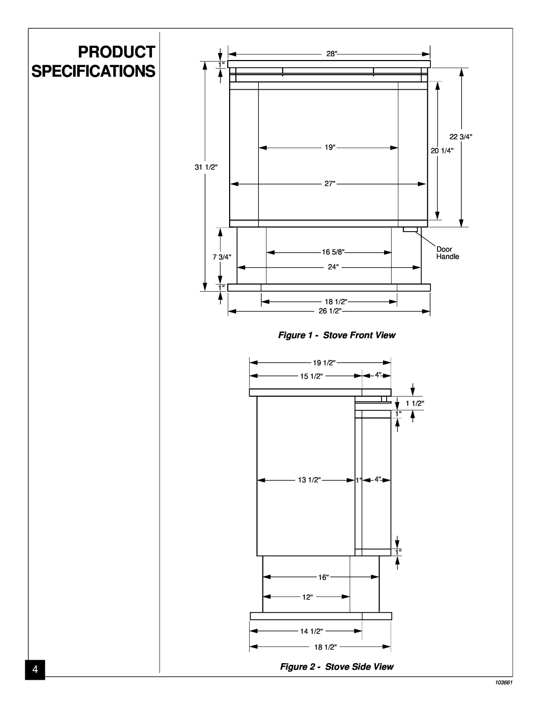 Vanguard Managed Solutions SVFBC installation manual Product Specifications, Stove Front View, Stove Side View, 103661 