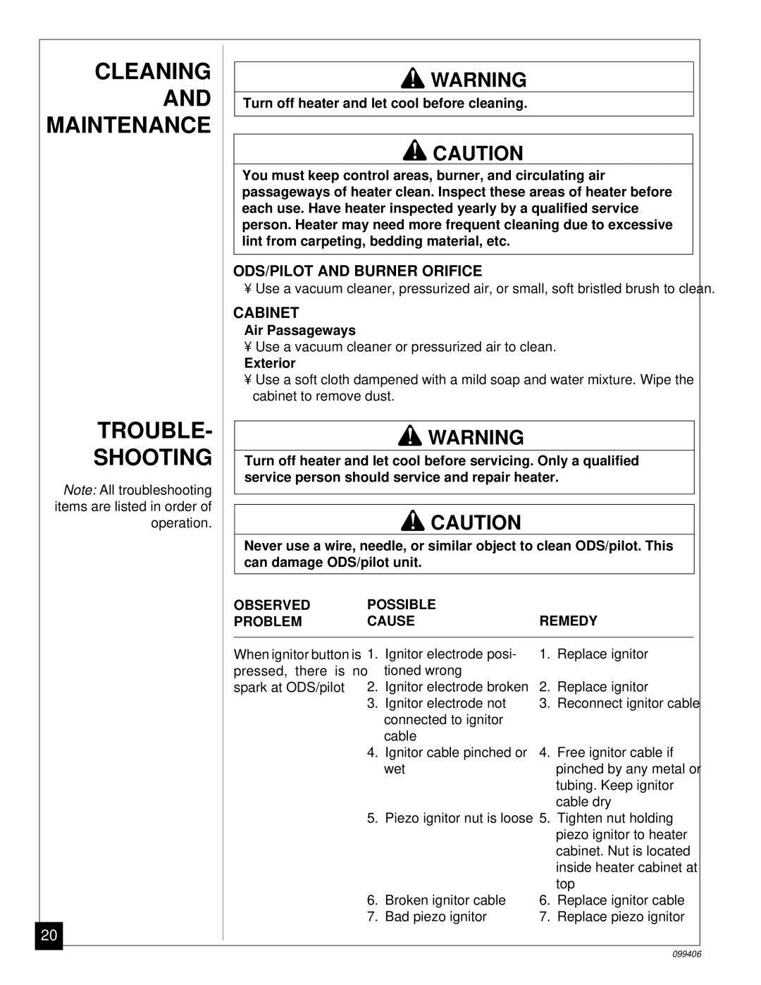 Vanguard Managed Solutions VP1000B Cleaning and Maintenance Trouble Shooting, ODS/PILOT and Burner Orifice, Cabinet 