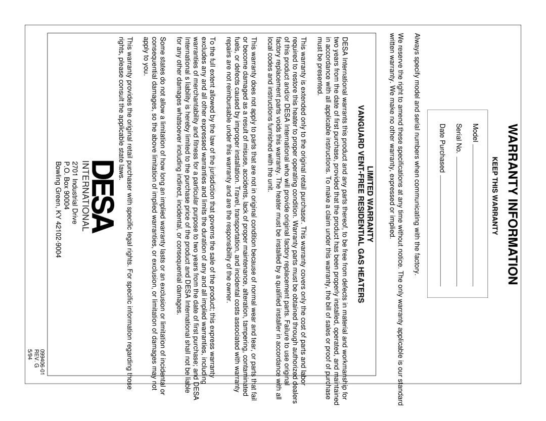 Vanguard Managed Solutions VP1000B installation manual Warranty Information, Keep this Warranty 