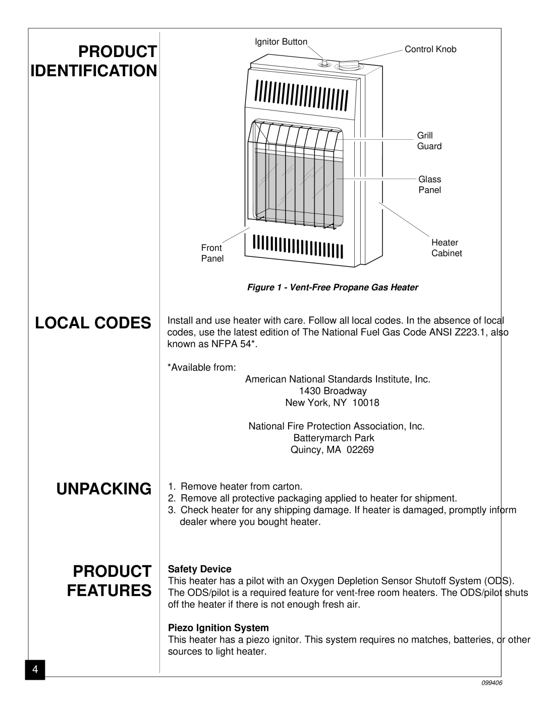 Vanguard Managed Solutions VP1000B Product Identification, Local Codes Unpacking Product Features, Safety Device 