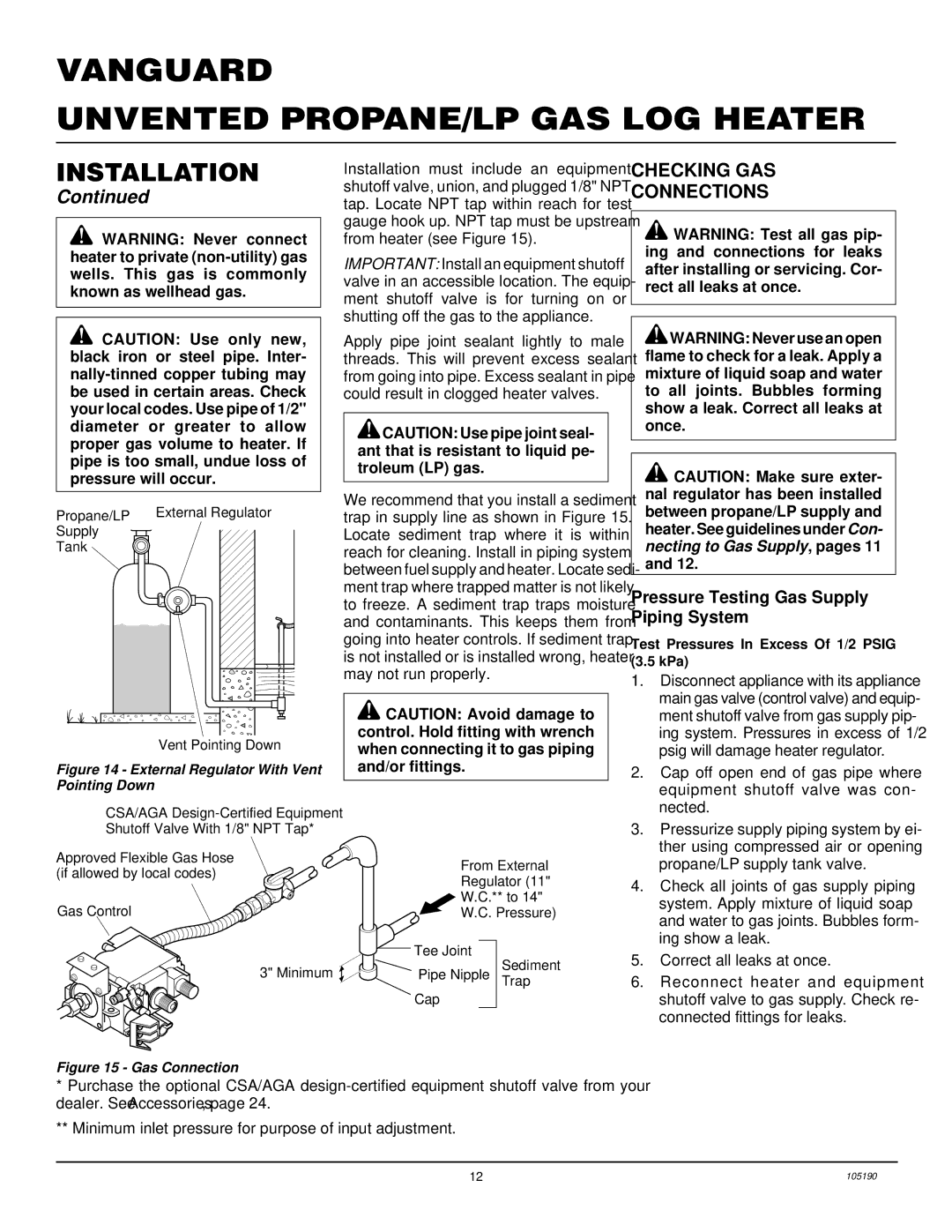 Vanguard Managed Solutions VYS30PWA, VYS24PWA Checking GAS Connections, Pressure Testing Gas Supply Piping System 