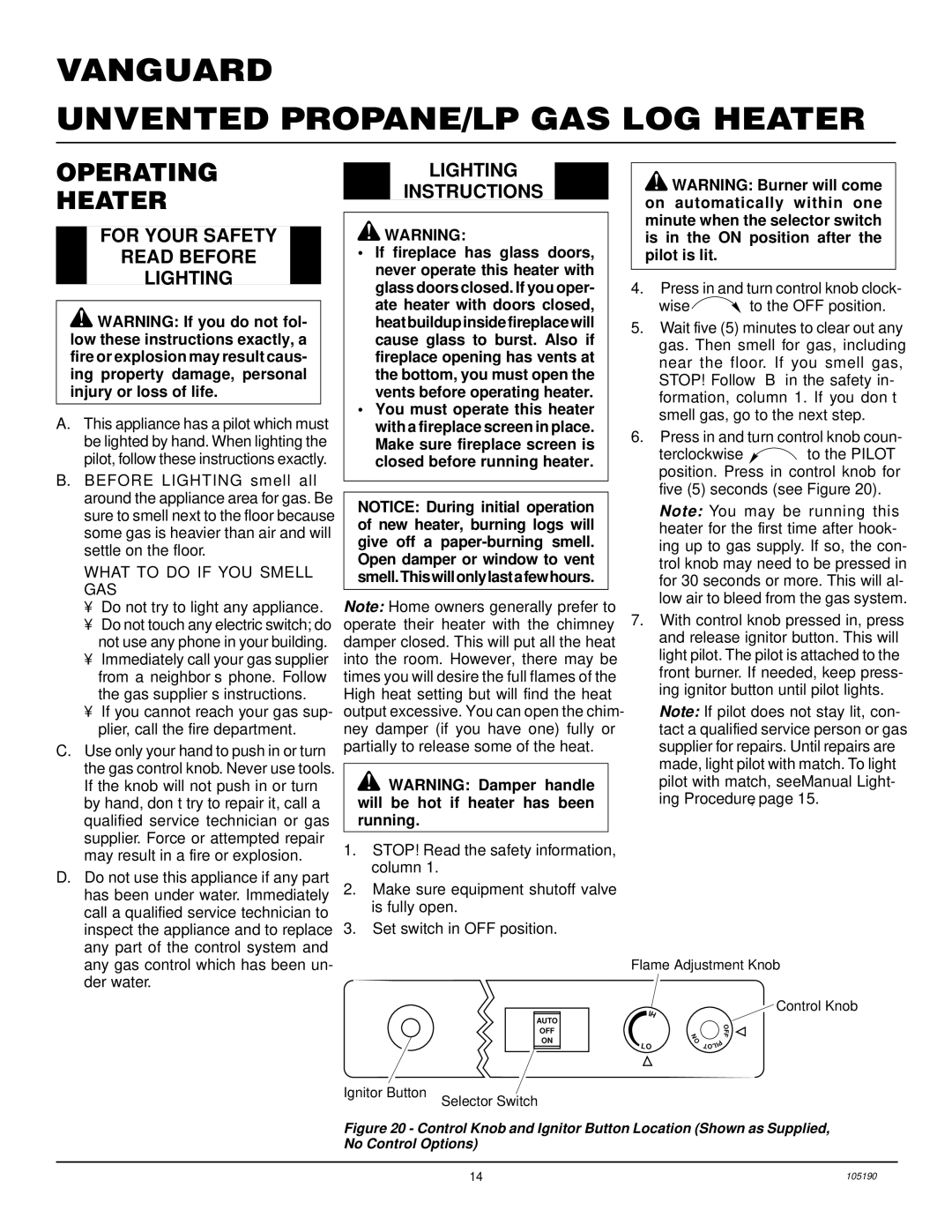 Vanguard Managed Solutions VYS30PWA Operating Heater, For Your Safety Read Before Lighting, Lighting Instructions 
