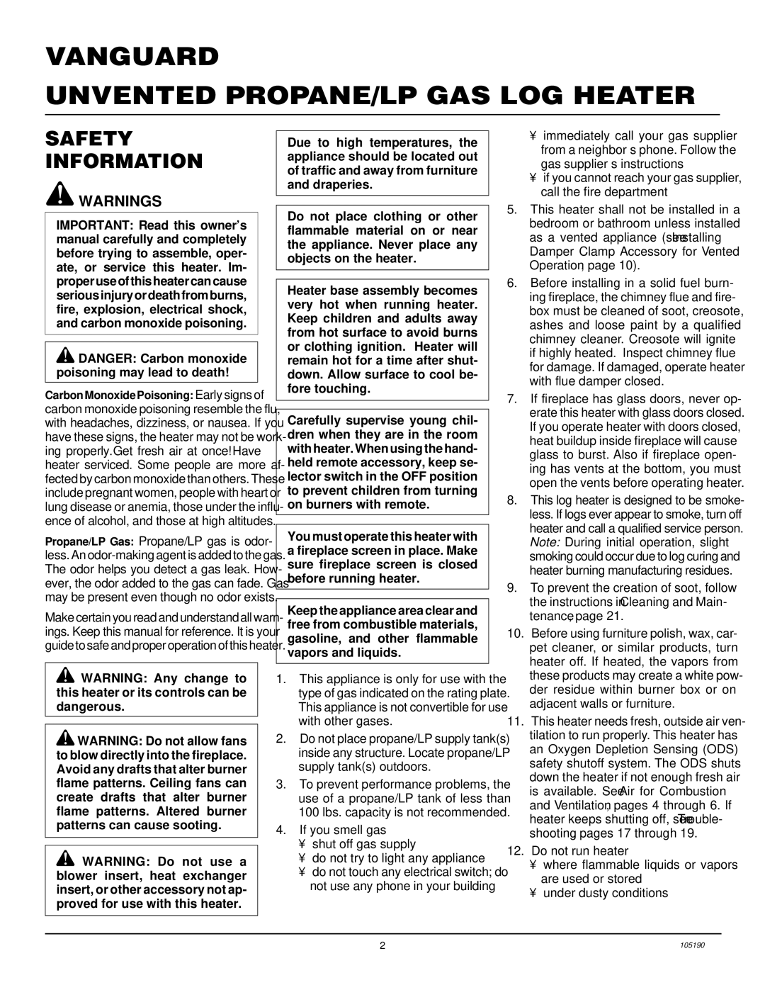 Vanguard Managed Solutions VYS30PWA, VYS24PWA Vanguard Unvented PROPANE/LP GAS LOG Heater, Safety Information 