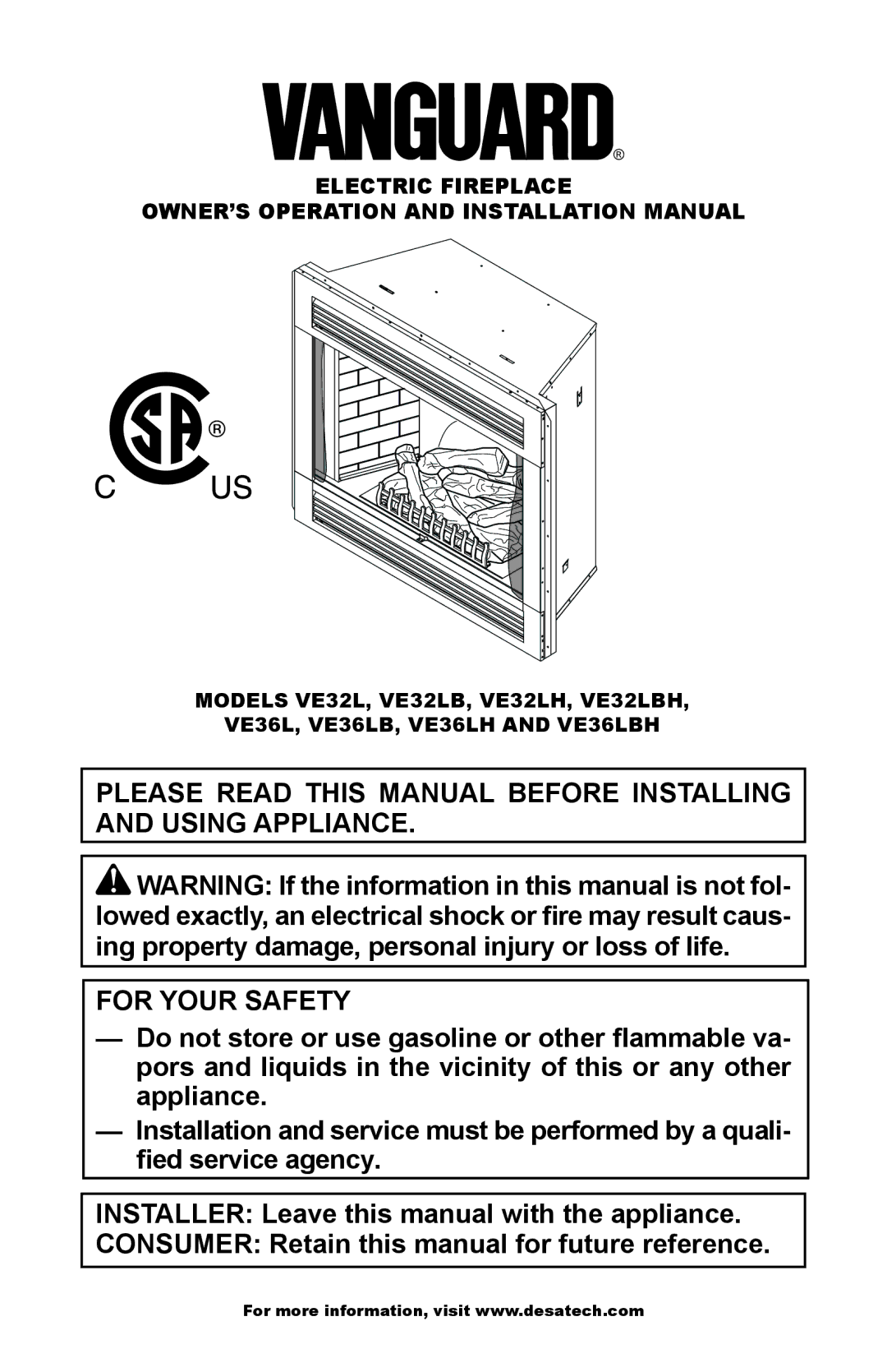 Vanguard VE36LH, VE36LBH, VE32LH, VE32LBH manual Electric Fireplace OWNER’S Operation and Installation Manual 