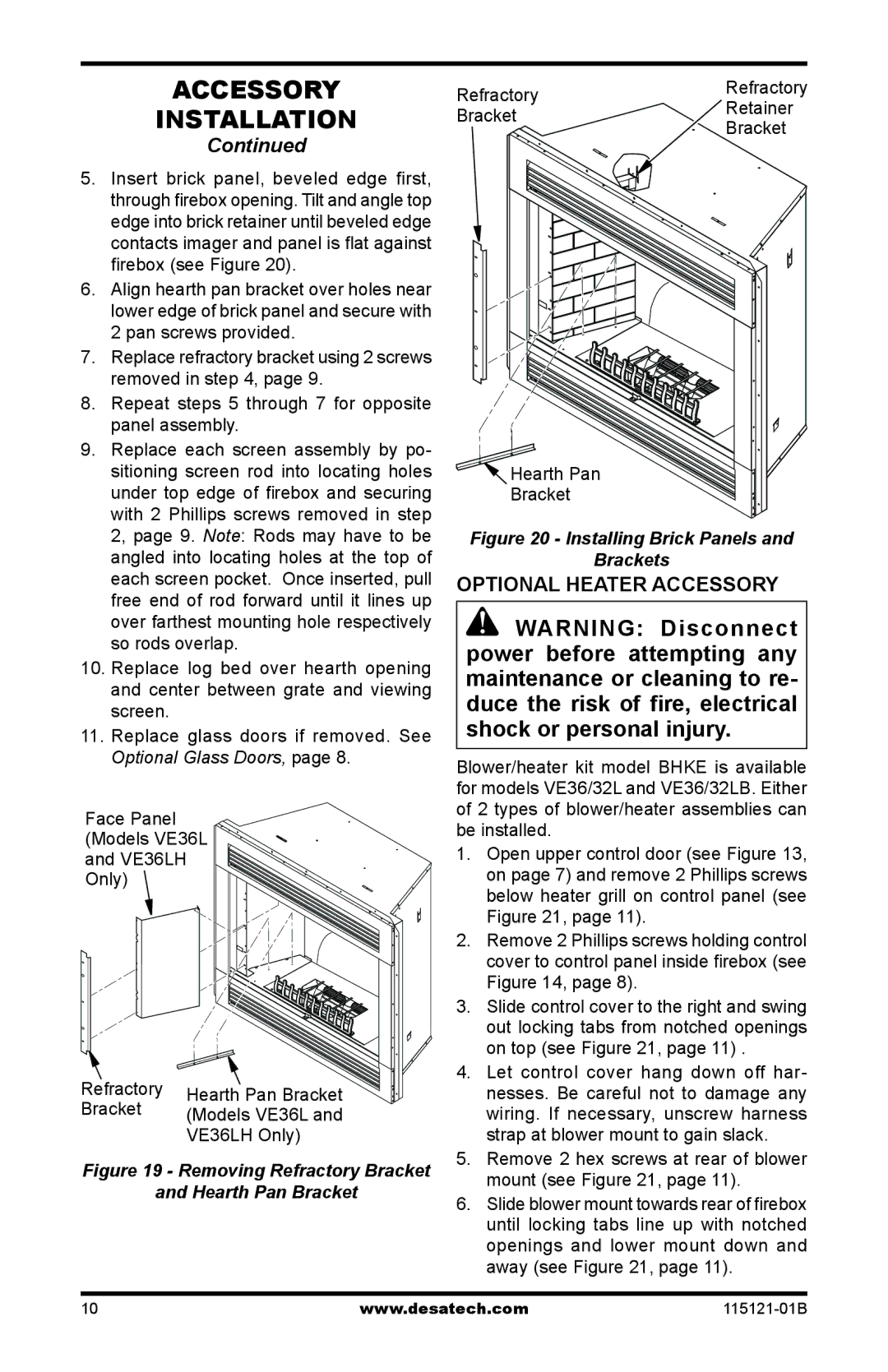 Vanguard VE36LBH, VE32LH, VE32LBH manual Optional Heater Accessory, VE36LH Only, Retainer, Bracket 