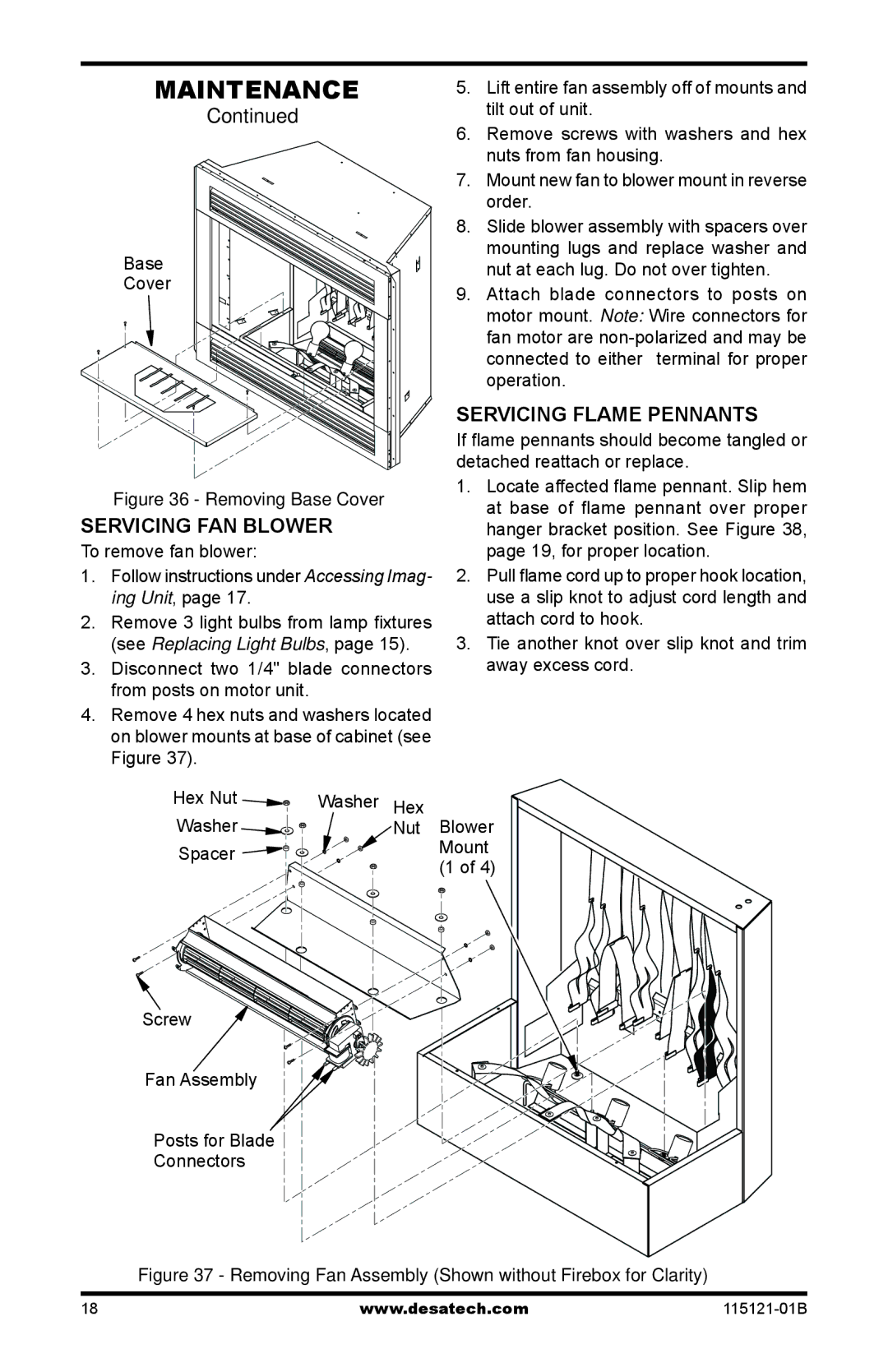 Vanguard VE36LH, VE36LBH, VE32LH, VE32LBH Servicing Fan Blower, Servicing Flame Pennants, Base Cover, Nut Blower 