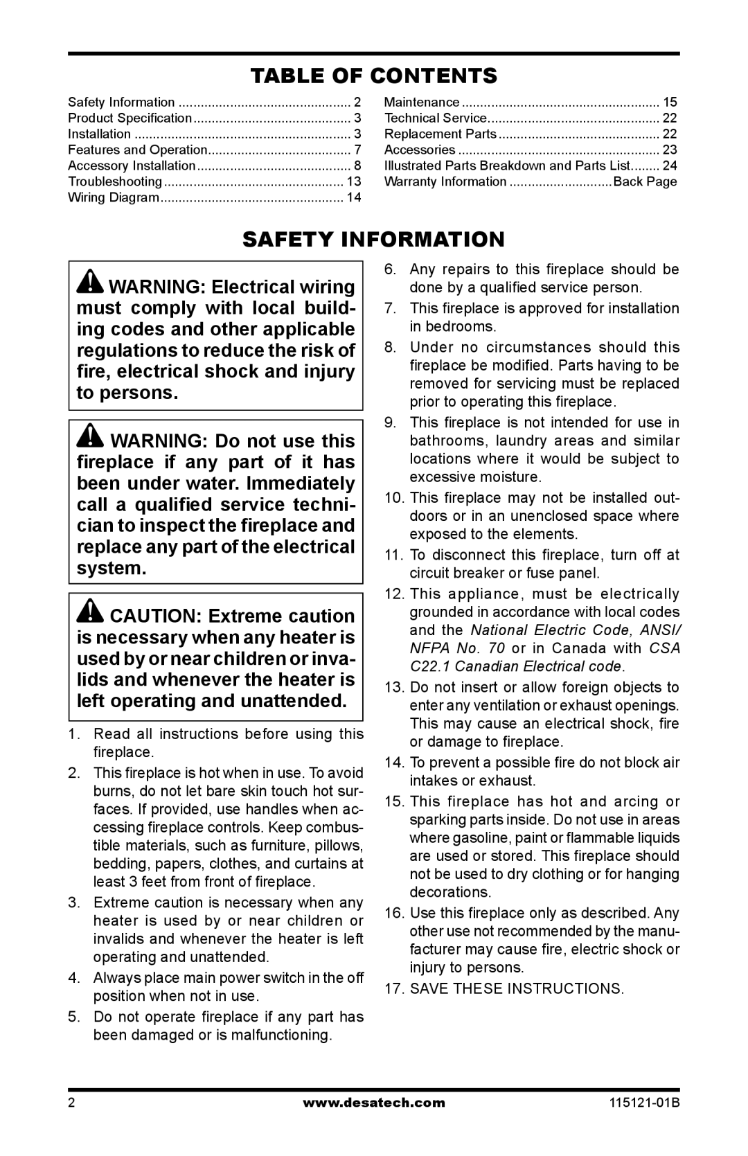 Vanguard VE36LH, VE36LBH, VE32LH, VE32LBH manual Table of Contents, Safety Information 