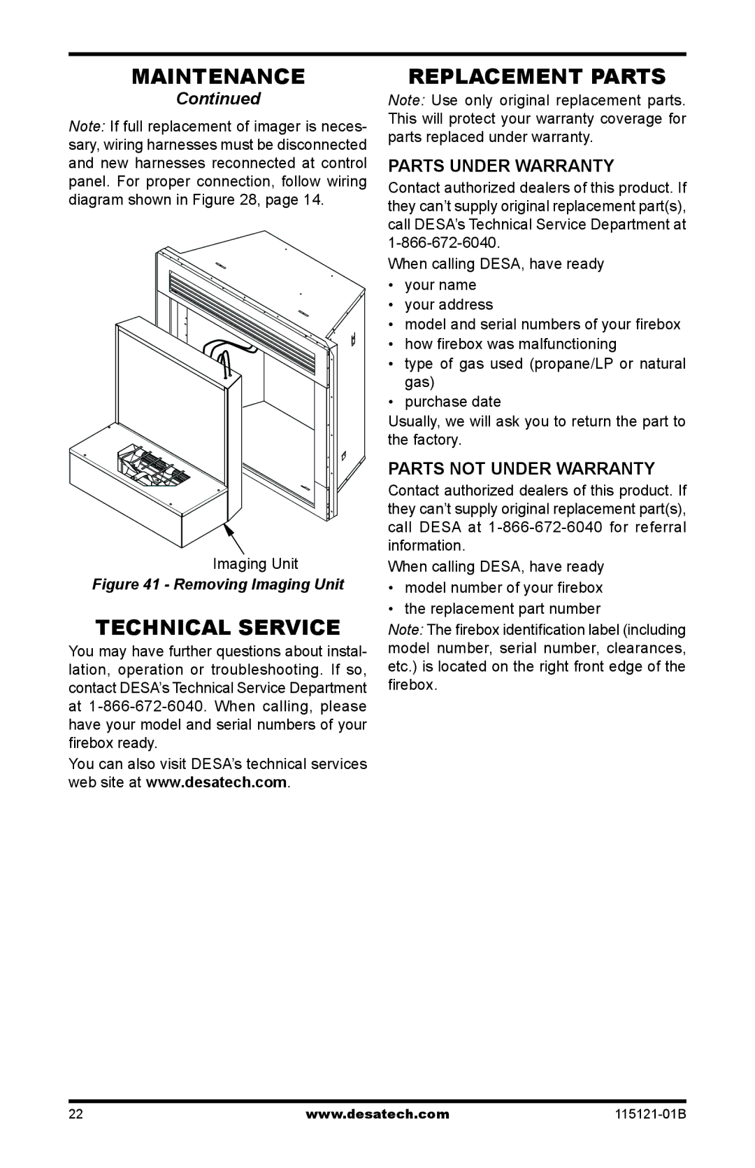 Vanguard VE32LBH, VE36L Technical Service, Replacement Parts, Parts Under Warranty, Parts Not Under Warranty, Imaging Unit 