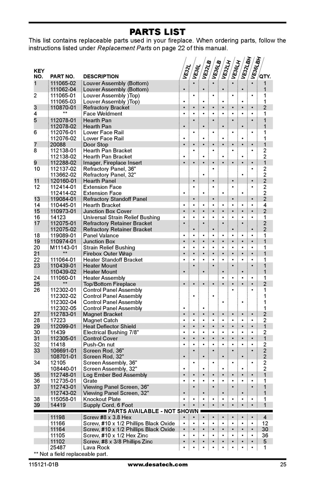 Vanguard VE36LH, VE36LBH, VE32LH, VE32LBH manual Parts List 