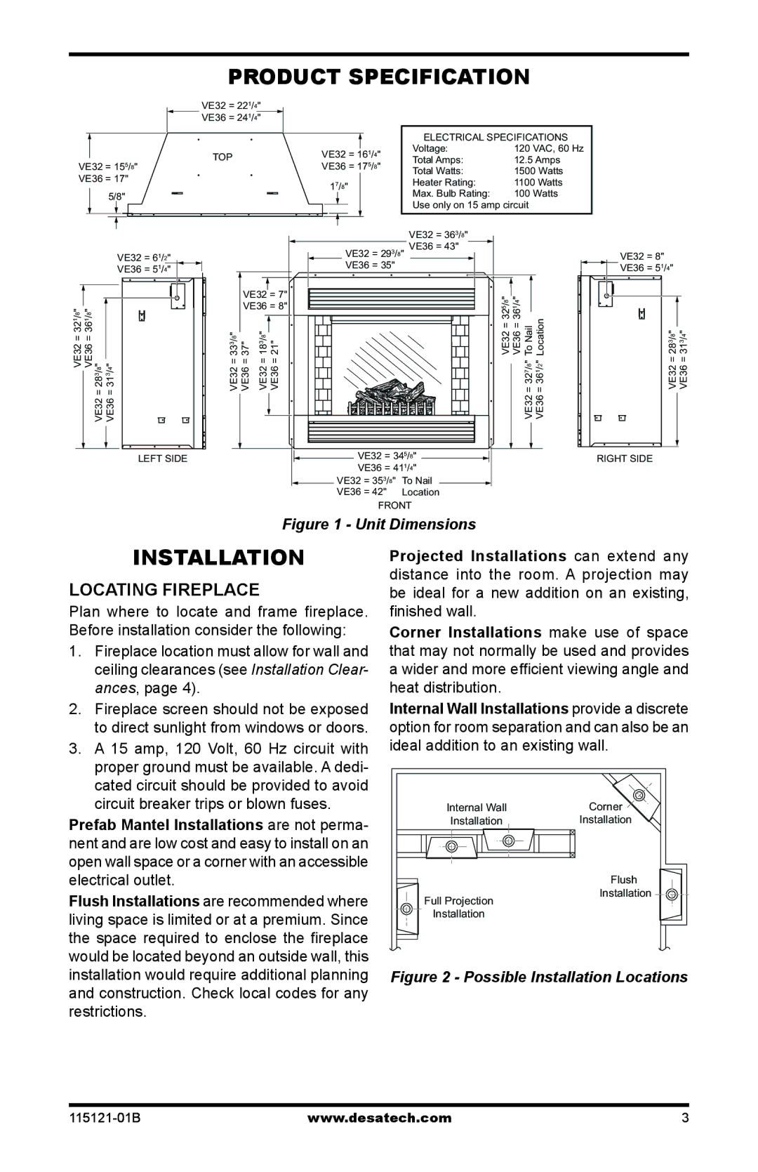 Vanguard VE36LH, VE36LBH, VE32LH, VE32LBH manual Product Specification, Installation, Locating Fireplace 