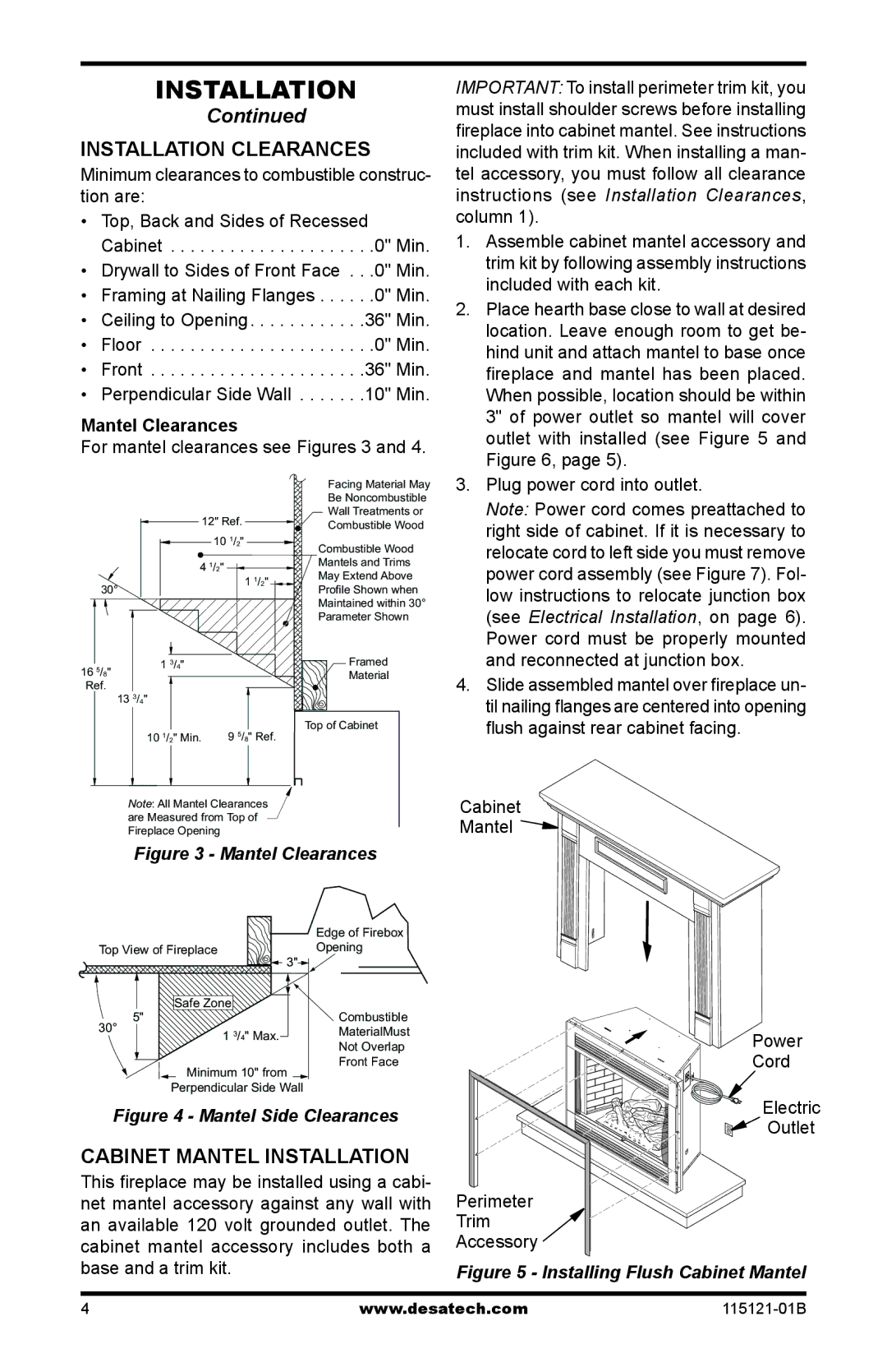 Vanguard VE36LBH, VE36LH, VE32L Installation Clearances, Cabinet Mantel Installation, For mantel clearances see Figures 3 