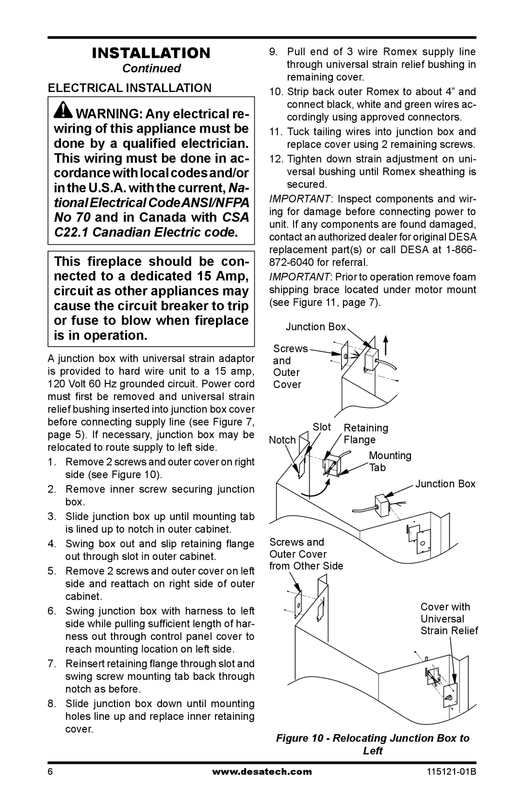 Vanguard VE32LBH, VE36LH, VE36LBH, VE32LH manual Electrical Installation, Relocating Junction Box to Left 