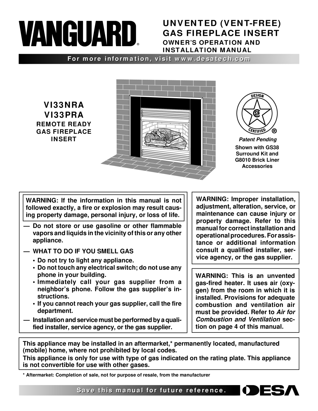 Vanguard manual Unvented VENT-FREE GAS Fireplace Insert, VI33NRA VI33PRA, OWNER’S Operation and Installation Manual 