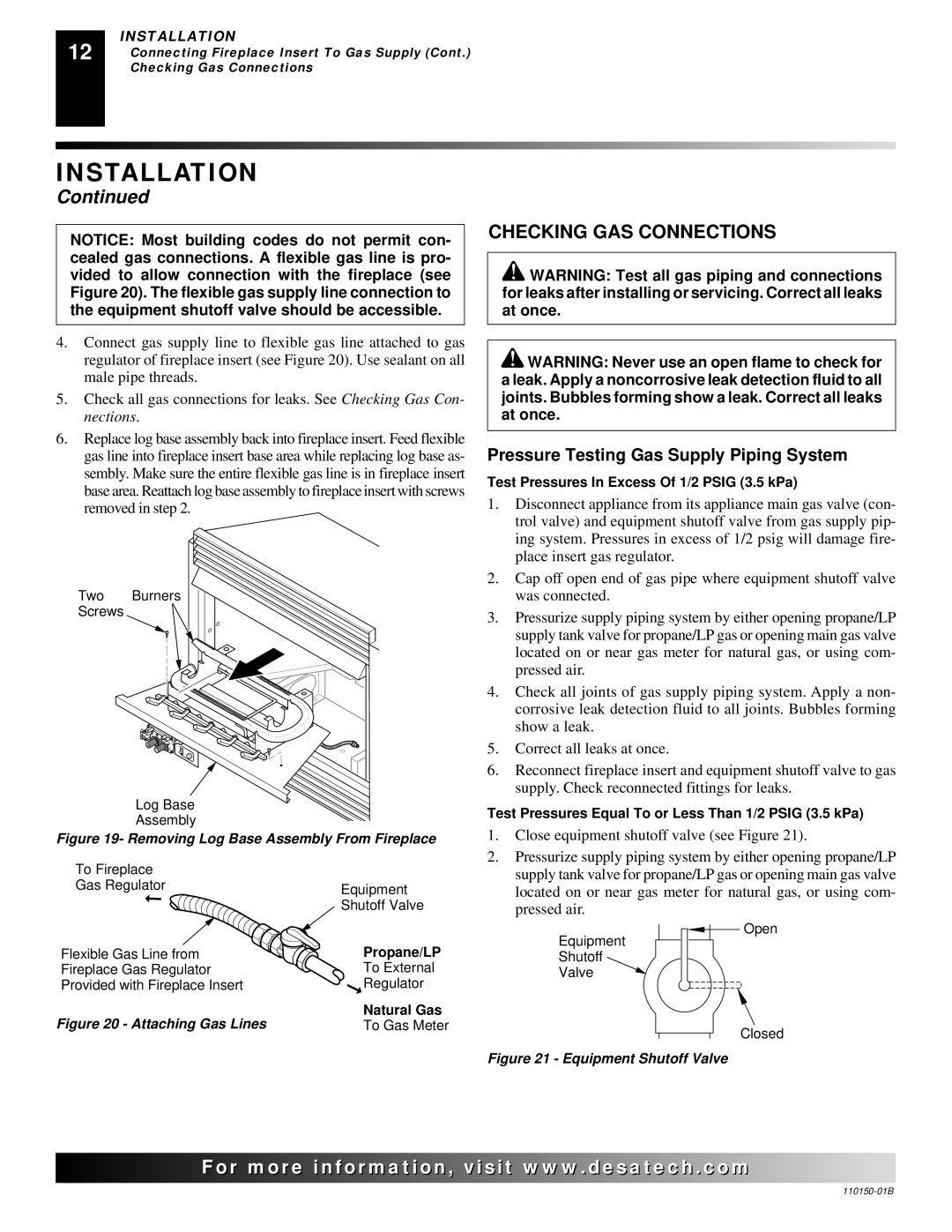 Vanguard VI33PRA, VI33NRA manual Checking GAS Connections, Pressure Testing Gas Supply Piping System 