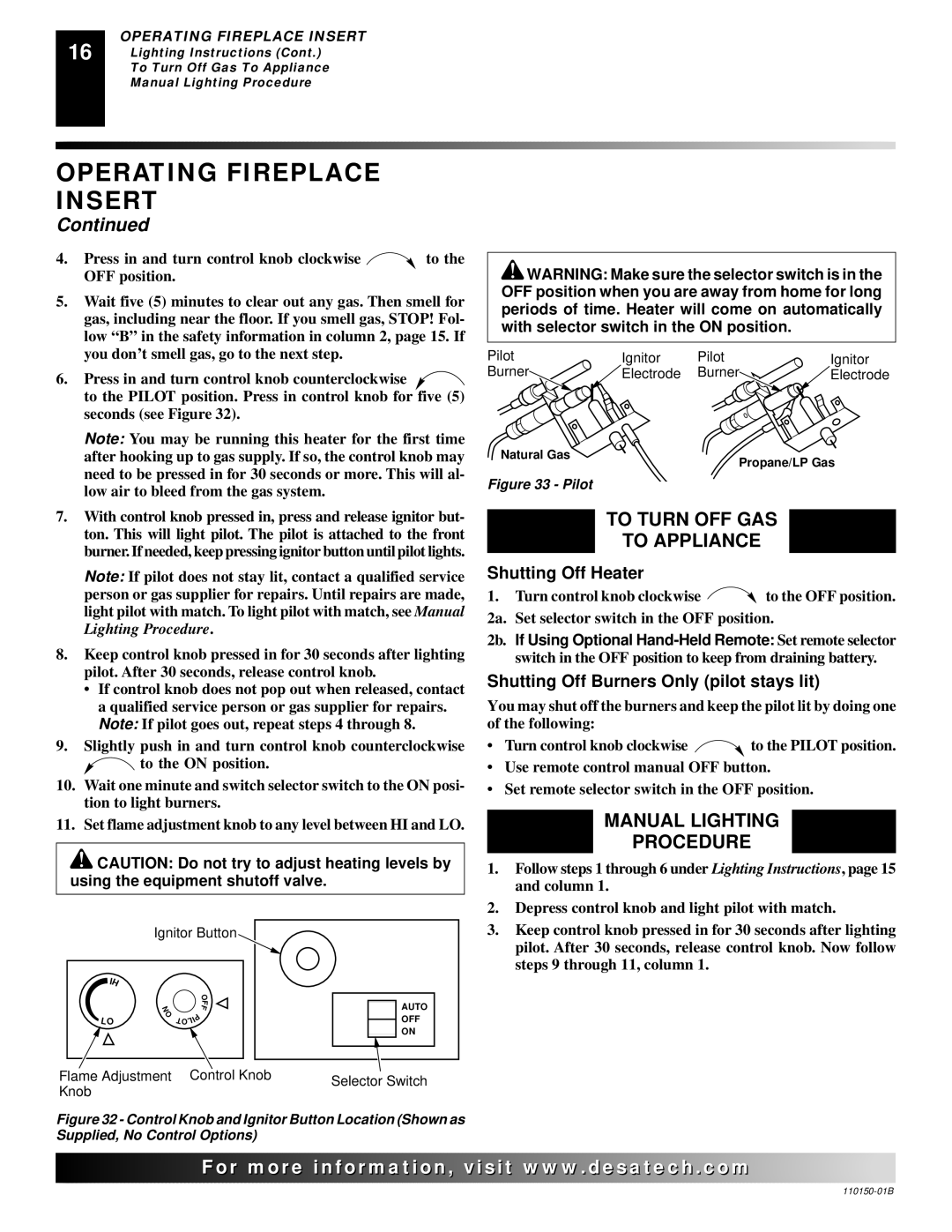 Vanguard VI33PRA, VI33NRA manual To Turn OFF GAS To Appliance, Manual Lighting Procedure, Shutting Off Heater 