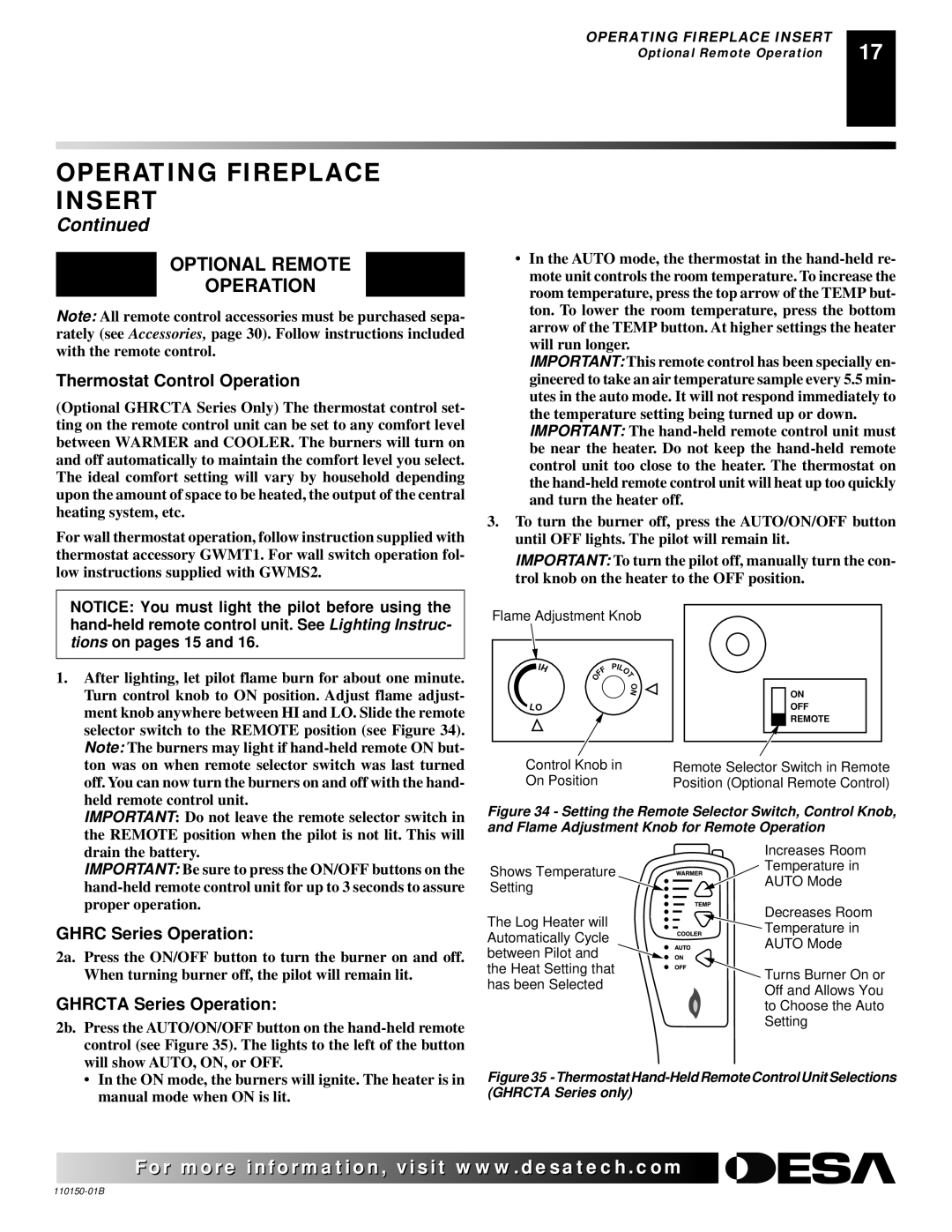 Vanguard VI33NRA Optional Remote Operation, Thermostat Control Operation, Ghrc Series Operation, Ghrcta Series Operation 