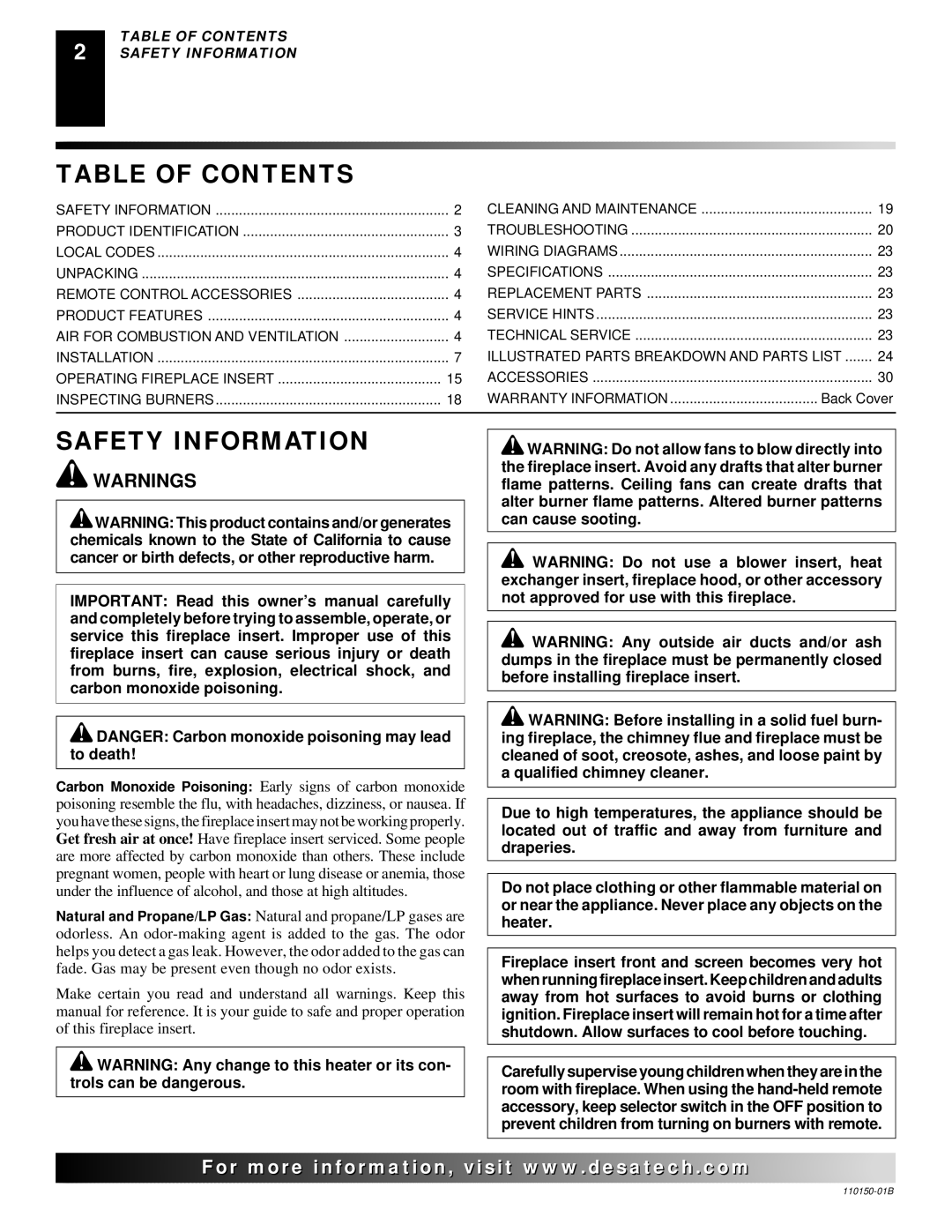 Vanguard VI33PRA, VI33NRA manual Table of Contents, Safety Information 