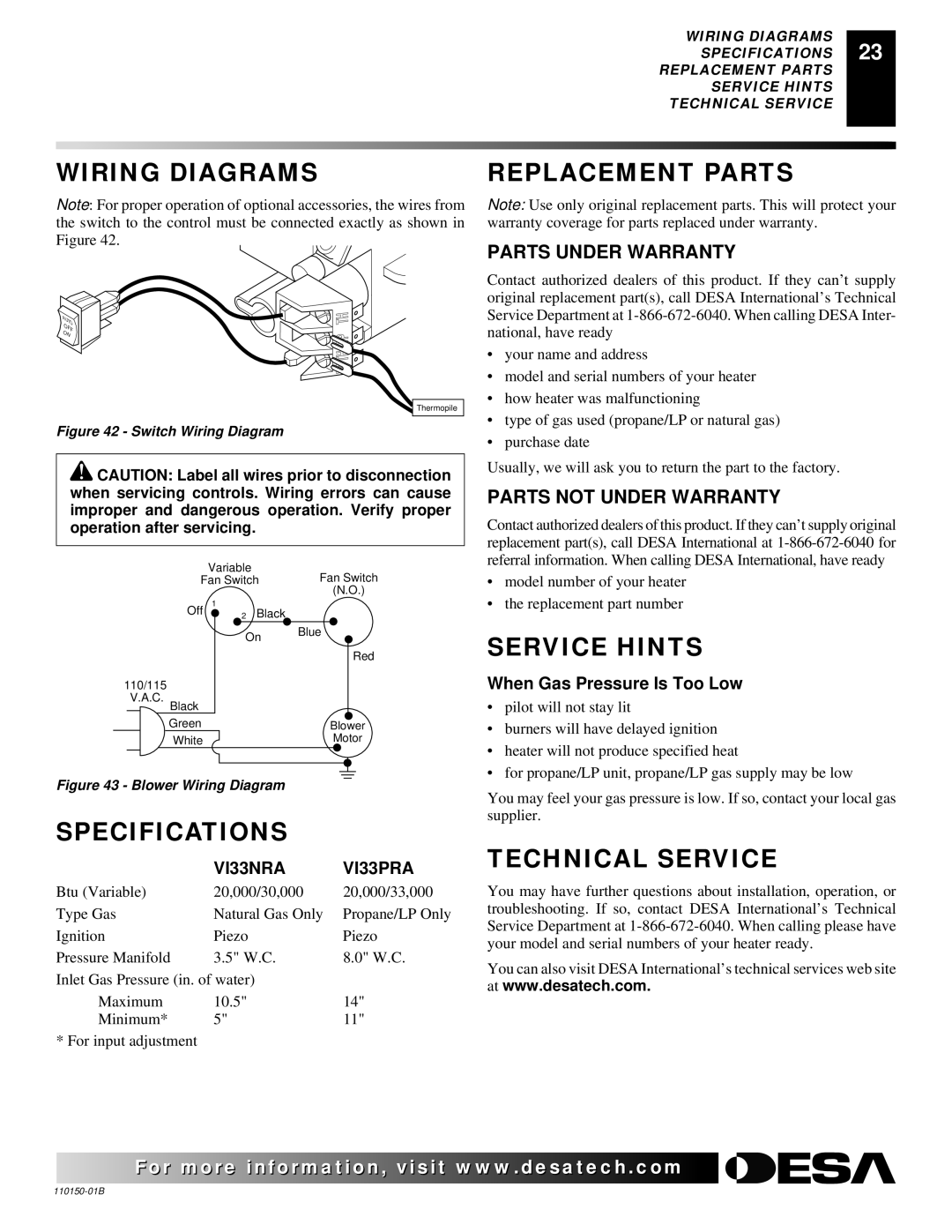 Vanguard VI33NRA, VI33PRA manual Wiring Diagrams, Specifications, Replacement Parts, Service Hints, Technical Service 