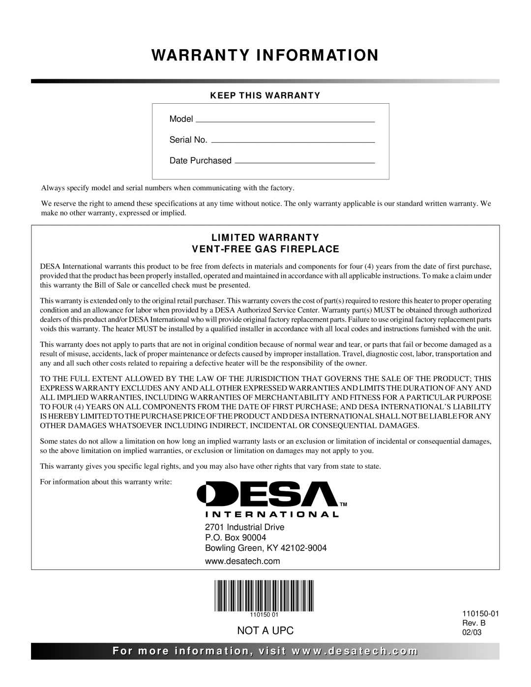 Vanguard VI33PRA, VI33NRA manual Warranty Information 