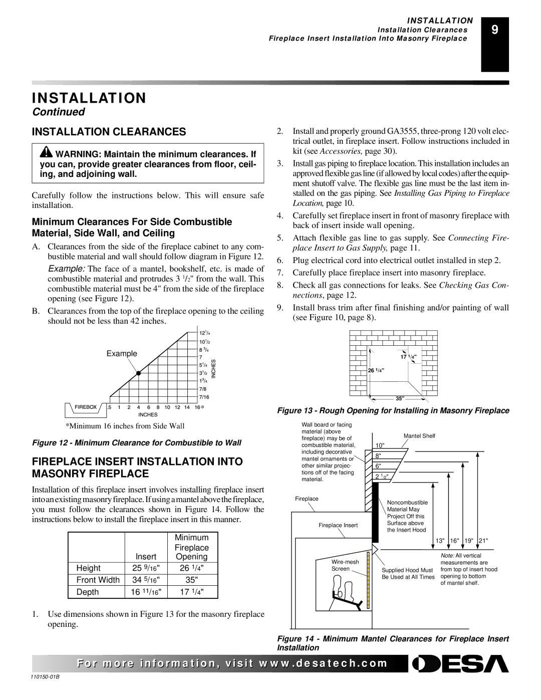 Vanguard VI33NRA, VI33PRA manual Installation Clearances, Fireplace Insert Installation Into Masonry Fireplace 