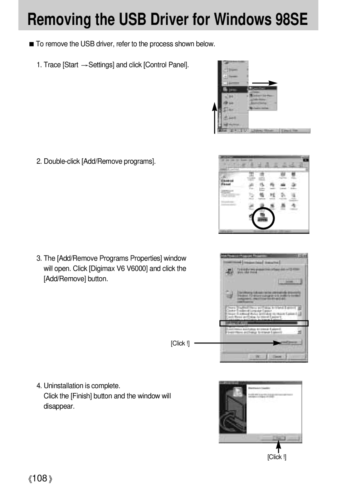 Vanson V-6000 manual Removing the USB Driver for Windows 98SE 