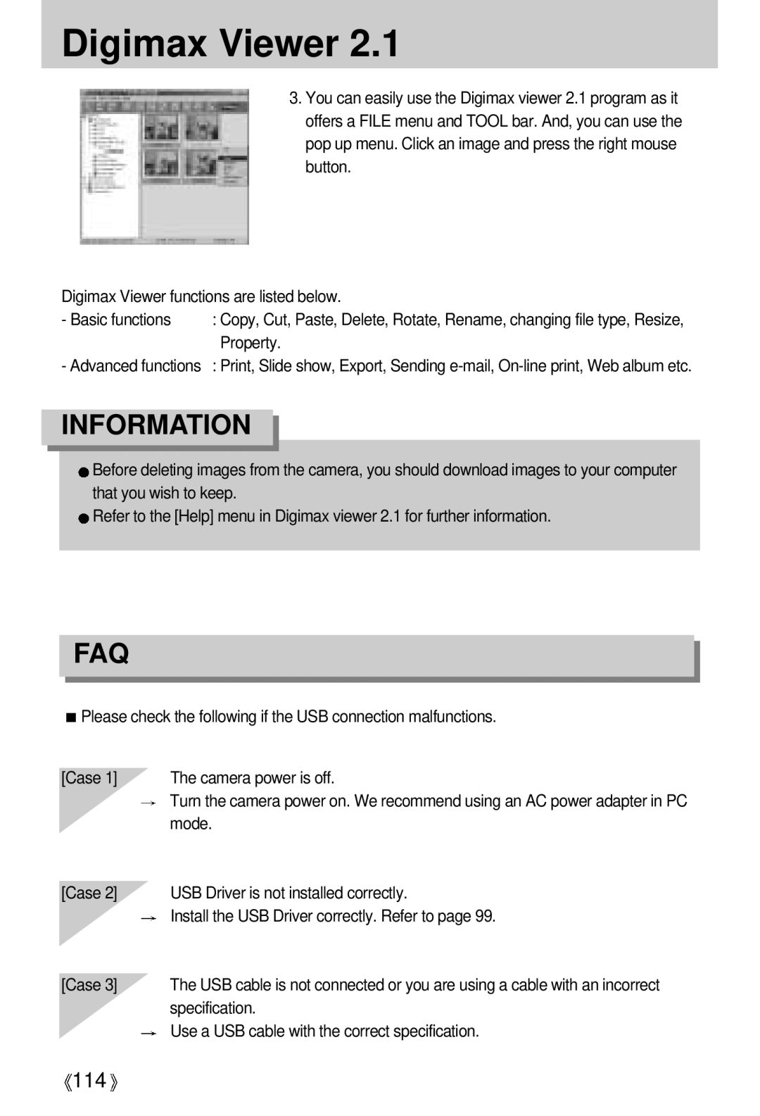 Vanson V-6000 manual Digimax Viewer, Property, Specification, Use a USB cable with the correct specification 