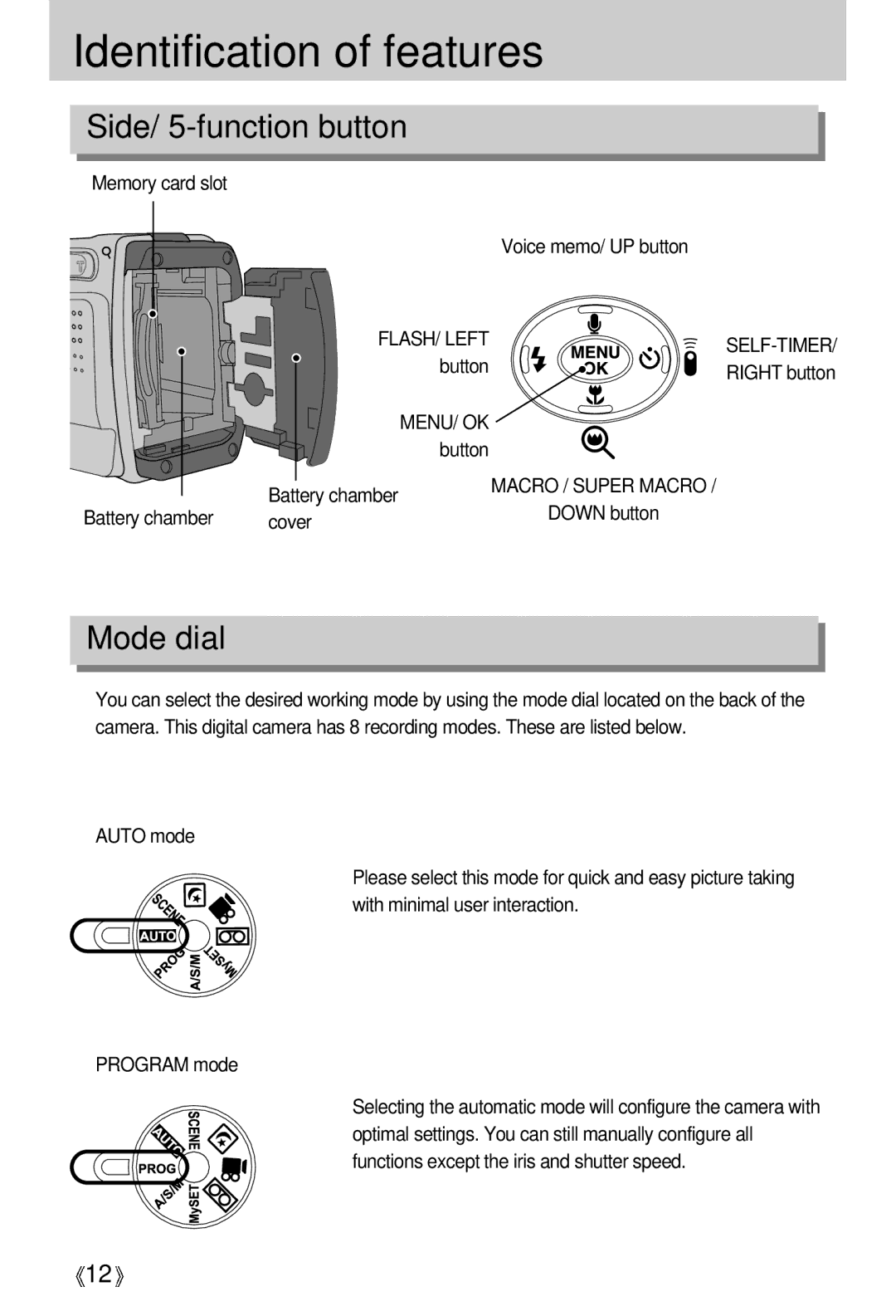 Vanson V-6000 manual Side/ 5-function button, Mode dial, FLASH/ Left SELF-TIMER, Menu/ Ok 