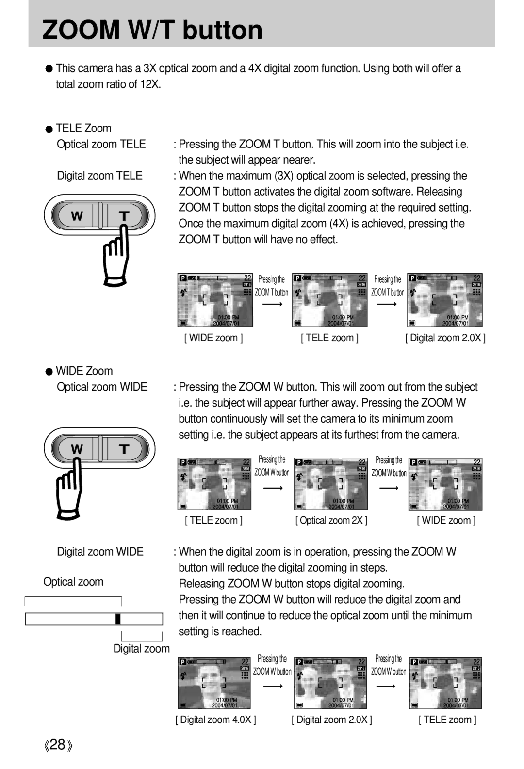 Vanson V-6000 manual Zoom W/T button, Subject will appear nearer, Digital zoom Tele, Zoom T button will have no effect 