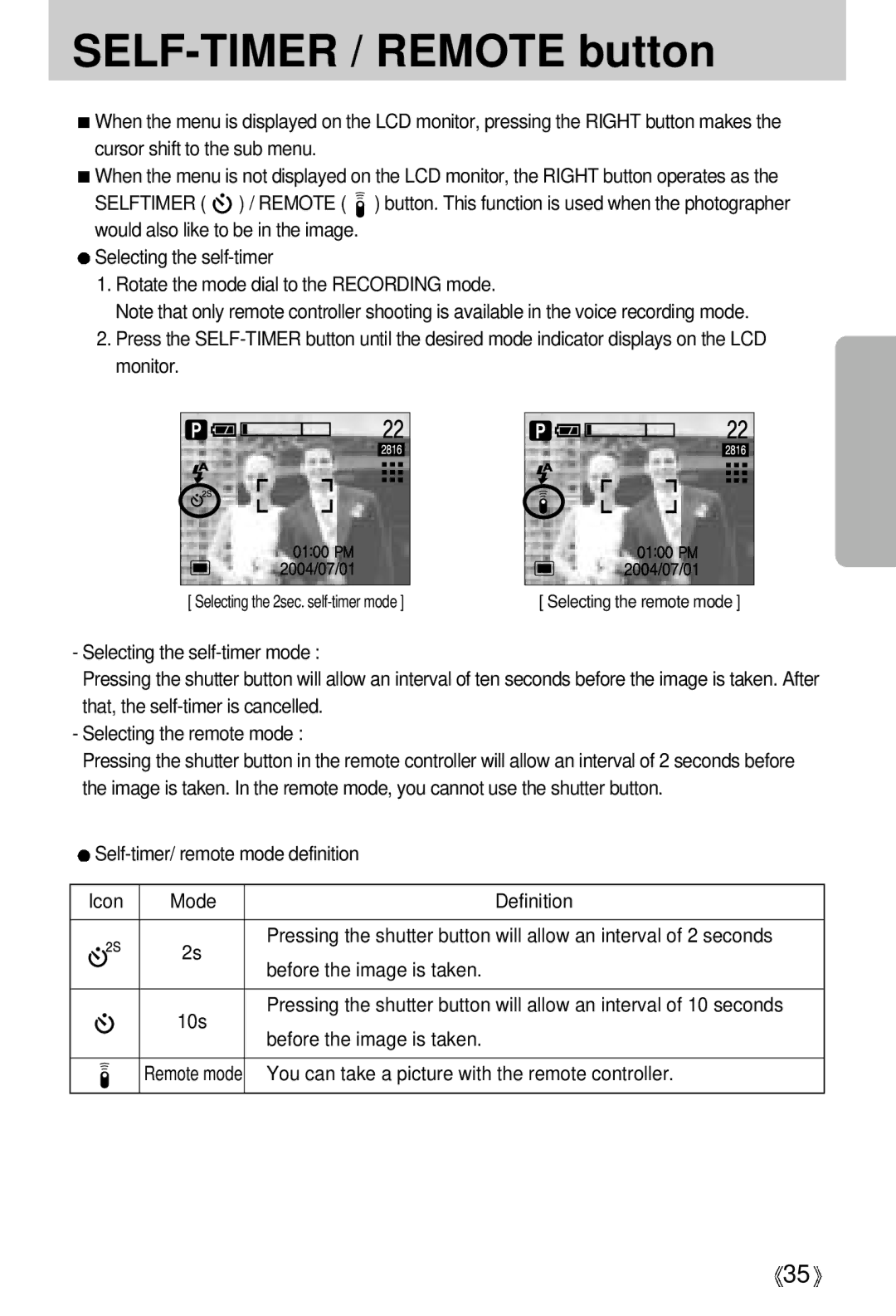 Vanson V-6000 manual SELF-TIMER / Remote button, Self-timer/ remote mode definition Icon Mode 