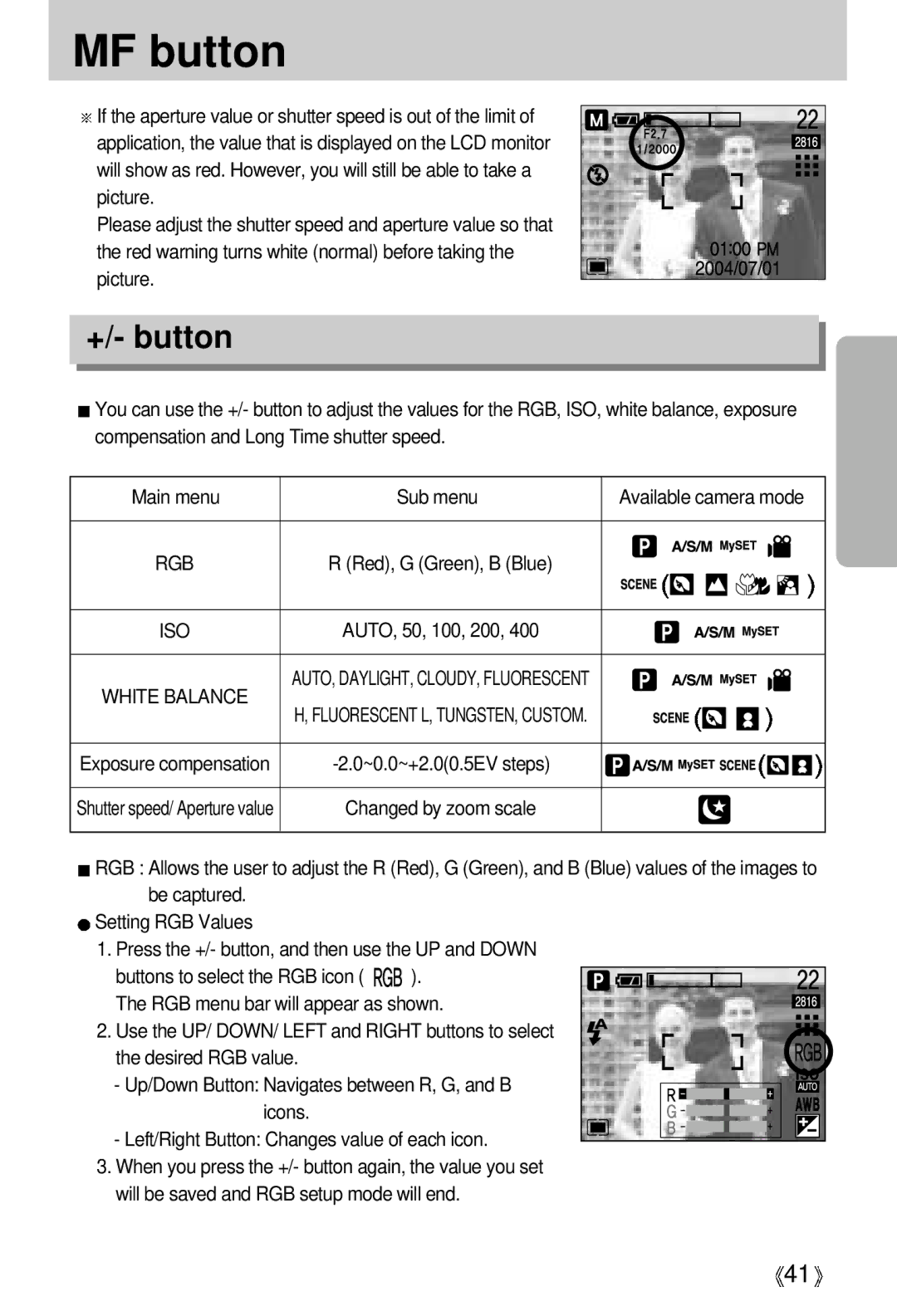 Vanson V-6000 manual +/- button, Sub menu, Rgb, Exposure compensation ~0.0~+2.00.5EV steps 