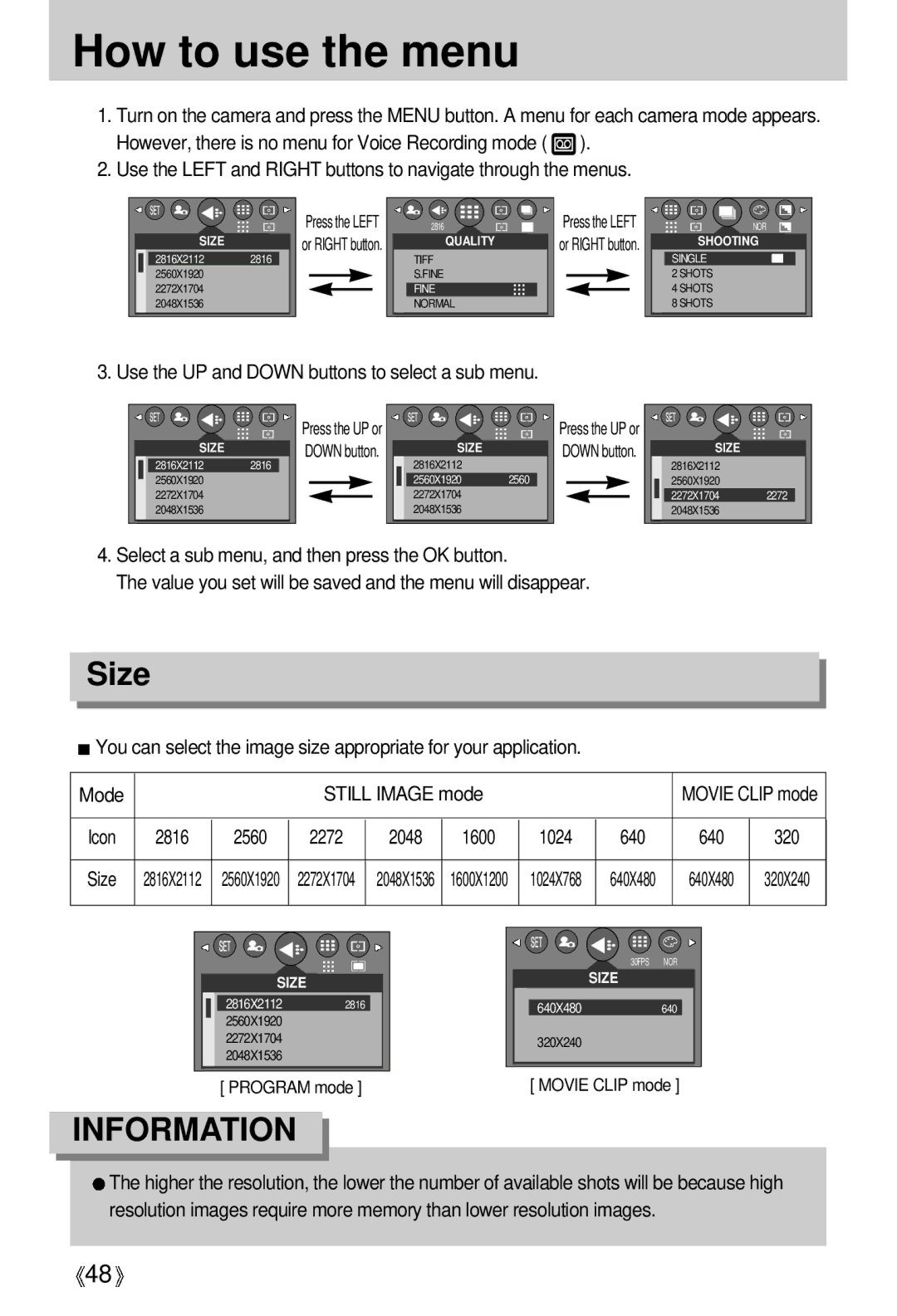 Vanson V-6000 manual How to use the menu, Size, Use the UP and Down buttons to select a sub menu 