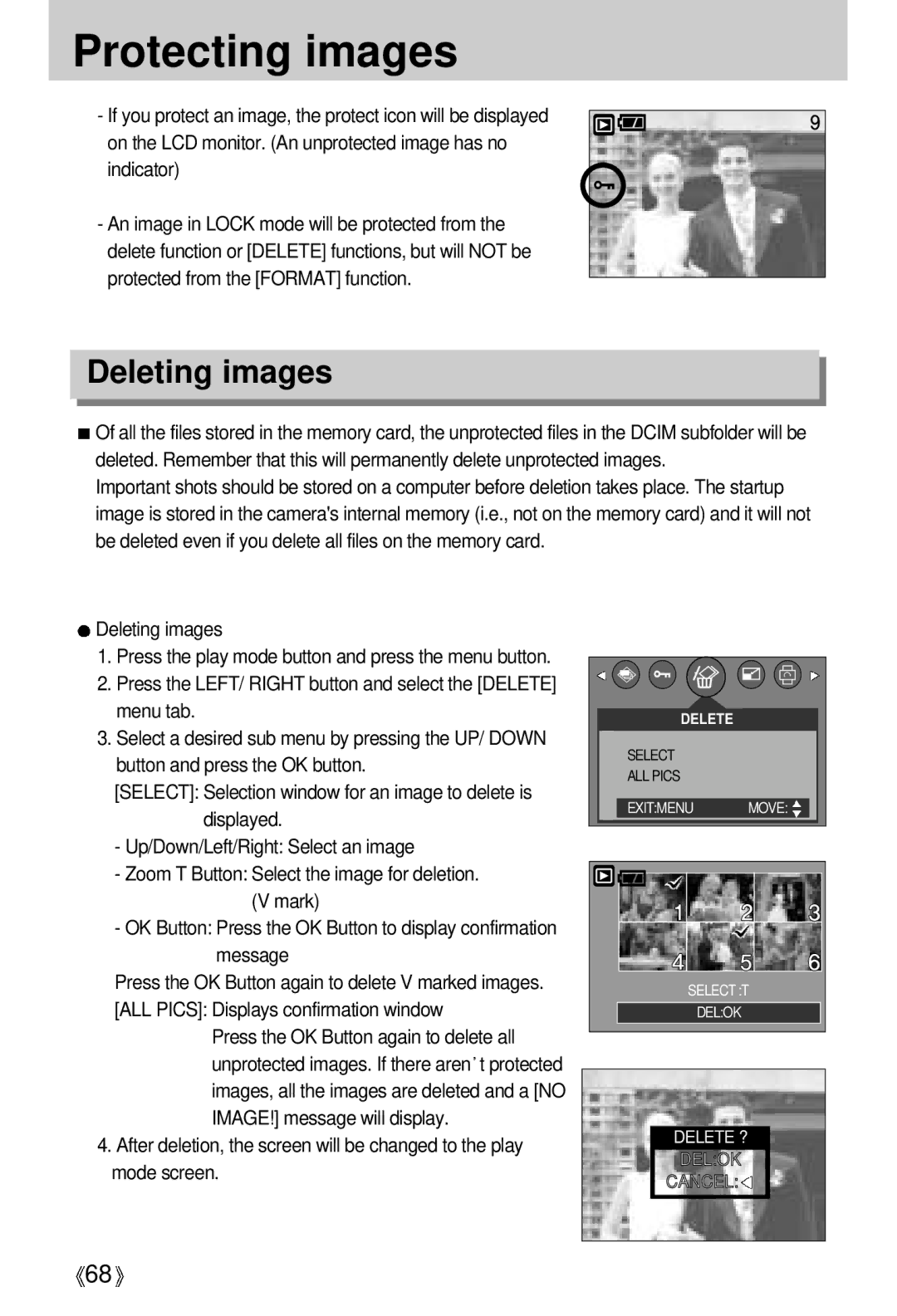 Vanson V-6000 manual Protecting images, Deleting images 