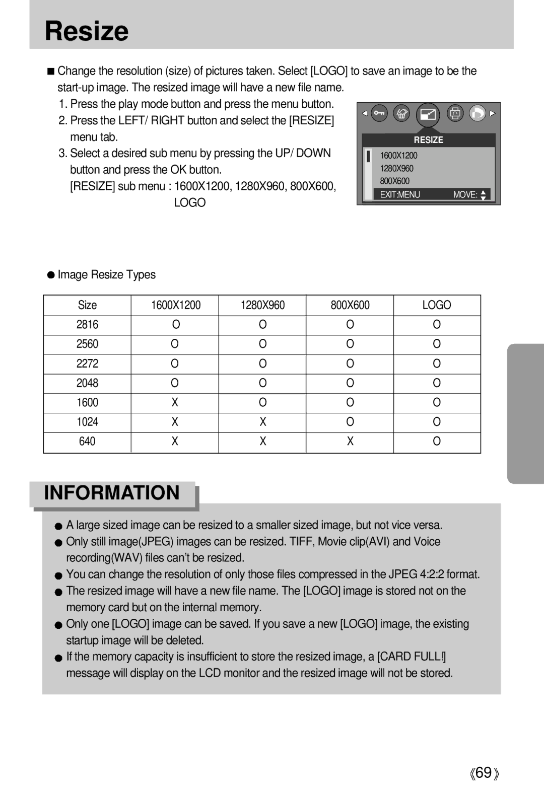 Vanson V-6000 manual Button and press the OK button, Logo, Image Resize Types Size 1600X1200 1280X960 800X600 