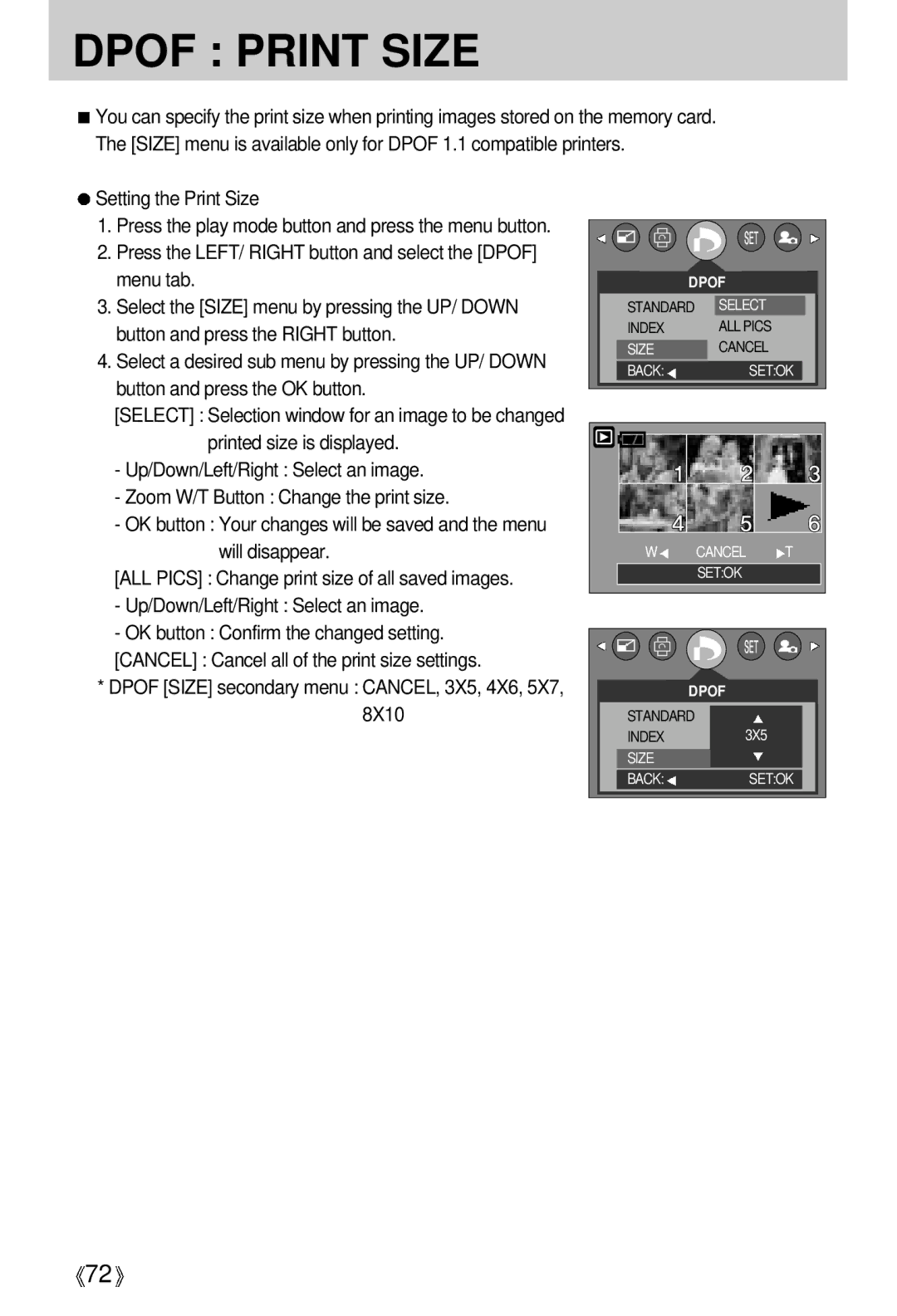 Vanson V-6000 manual Setting the Print Size, Dpof Size secondary menu CANCEL, 3X5, 4X6, 5X7 