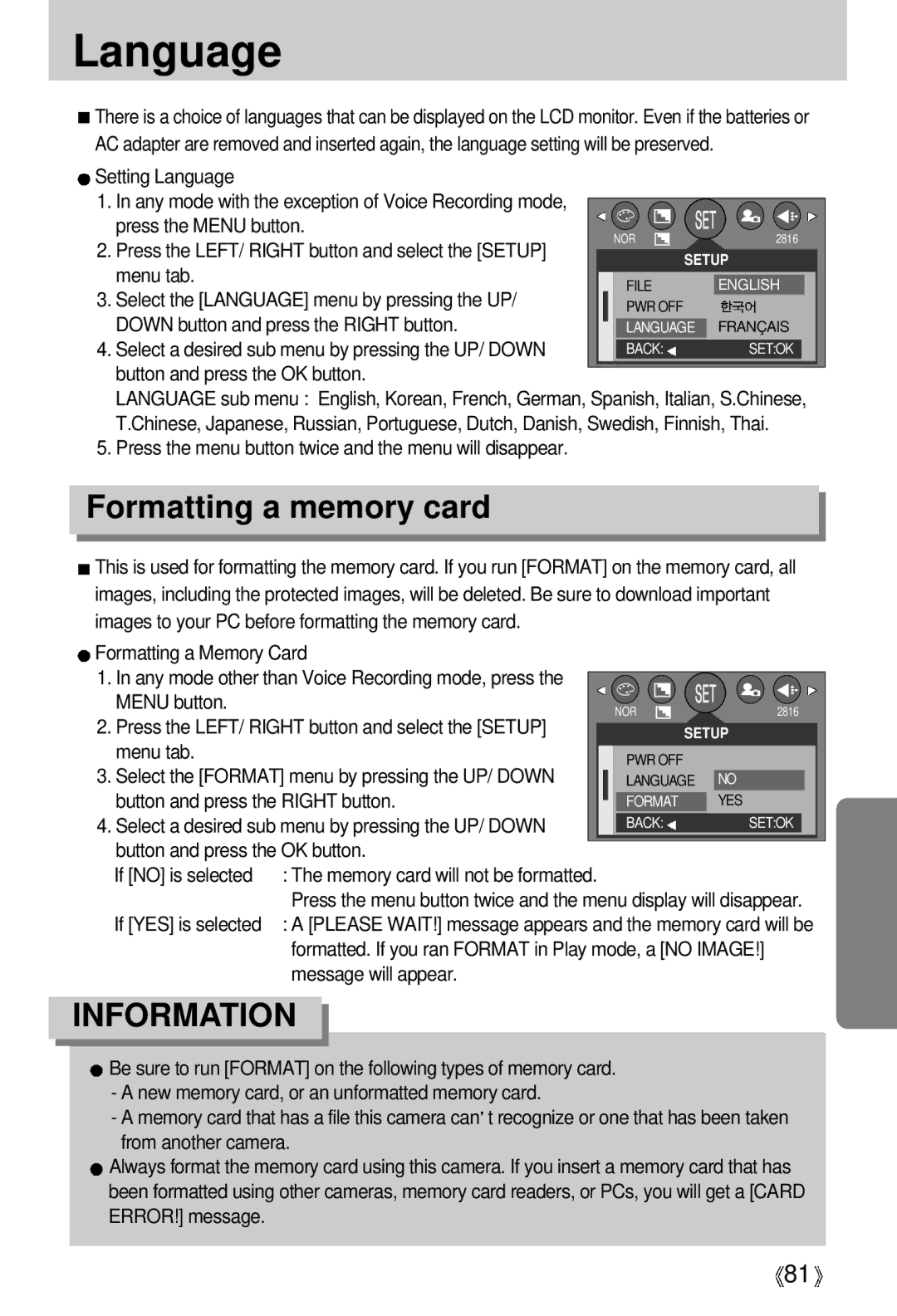 Vanson V-6000 manual Language, Formatting a memory card 